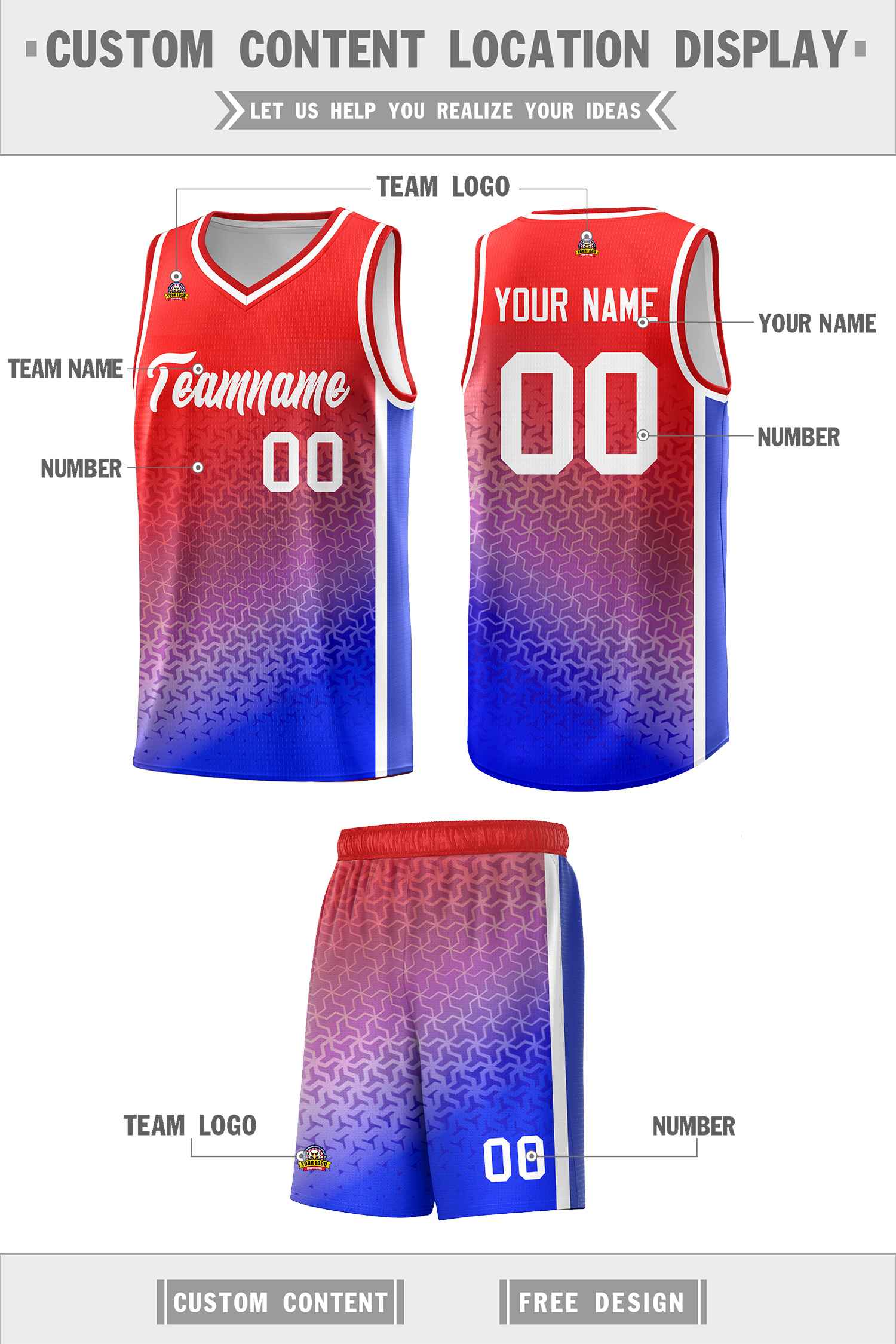 Custom Red Royal Gradient Design Irregular Shapes Pattern Sports Uniform Basketball Jersey