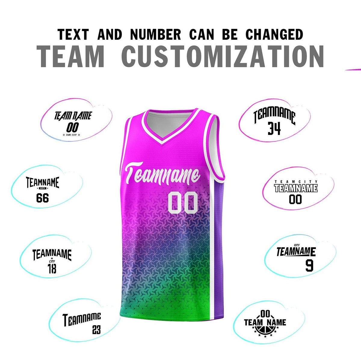 Custom Pink Purple-Neon Green Gradient Design Irregular Shapes Pattern Sports Uniform Basketball Jersey
