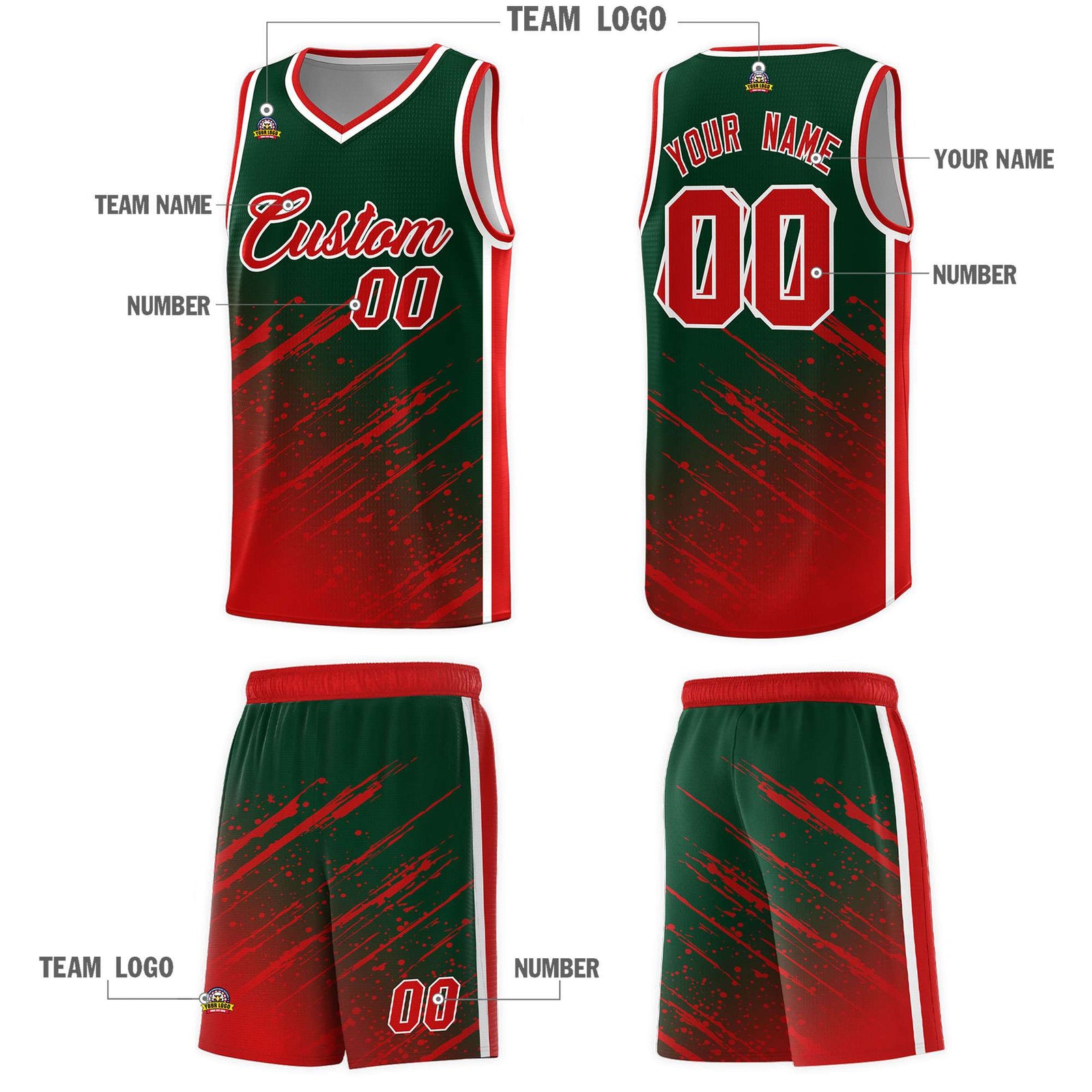 Custom Green Basketball Kits With Red Paint Graffiti