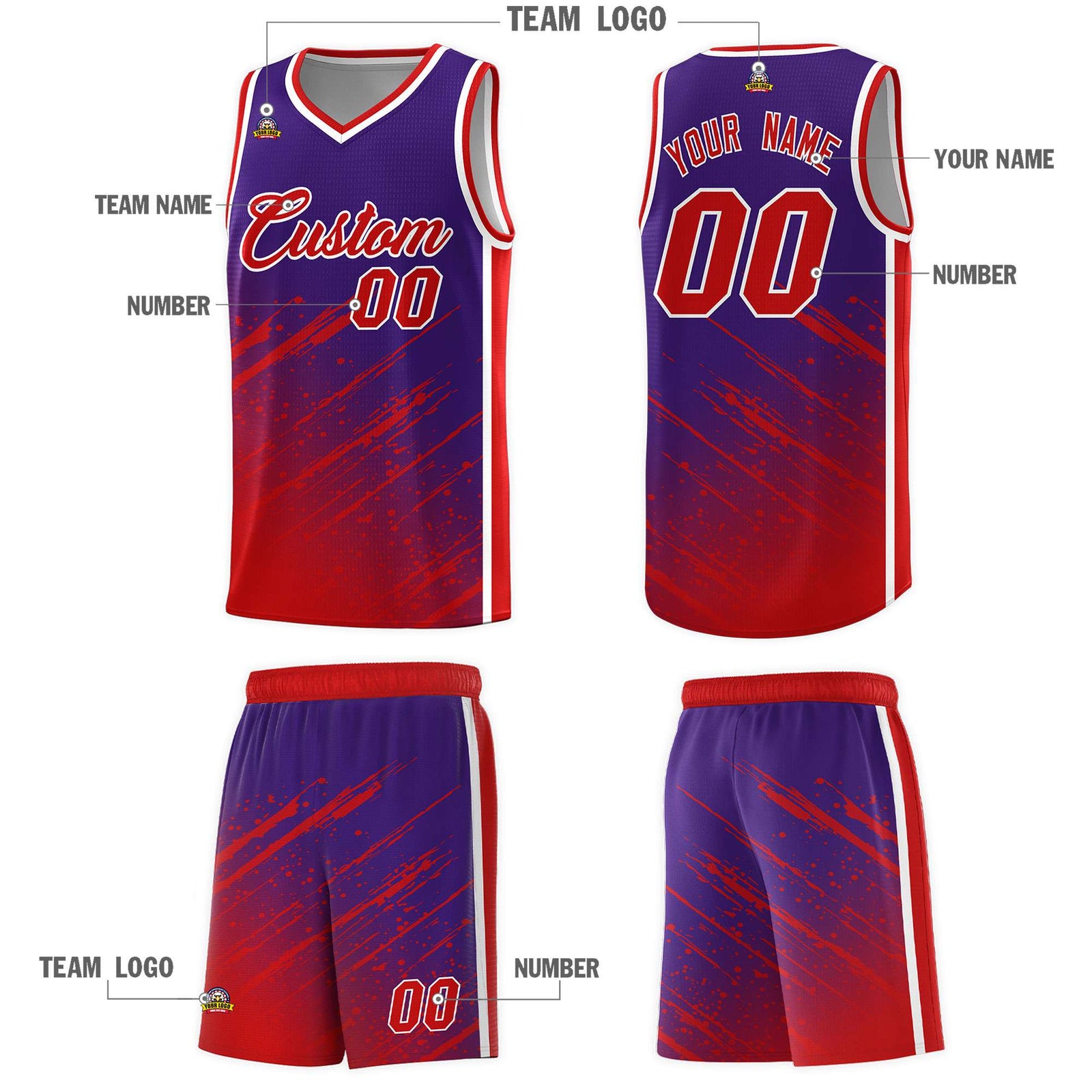 Custom Purple Basketball Kits With Red Paint Graffiti