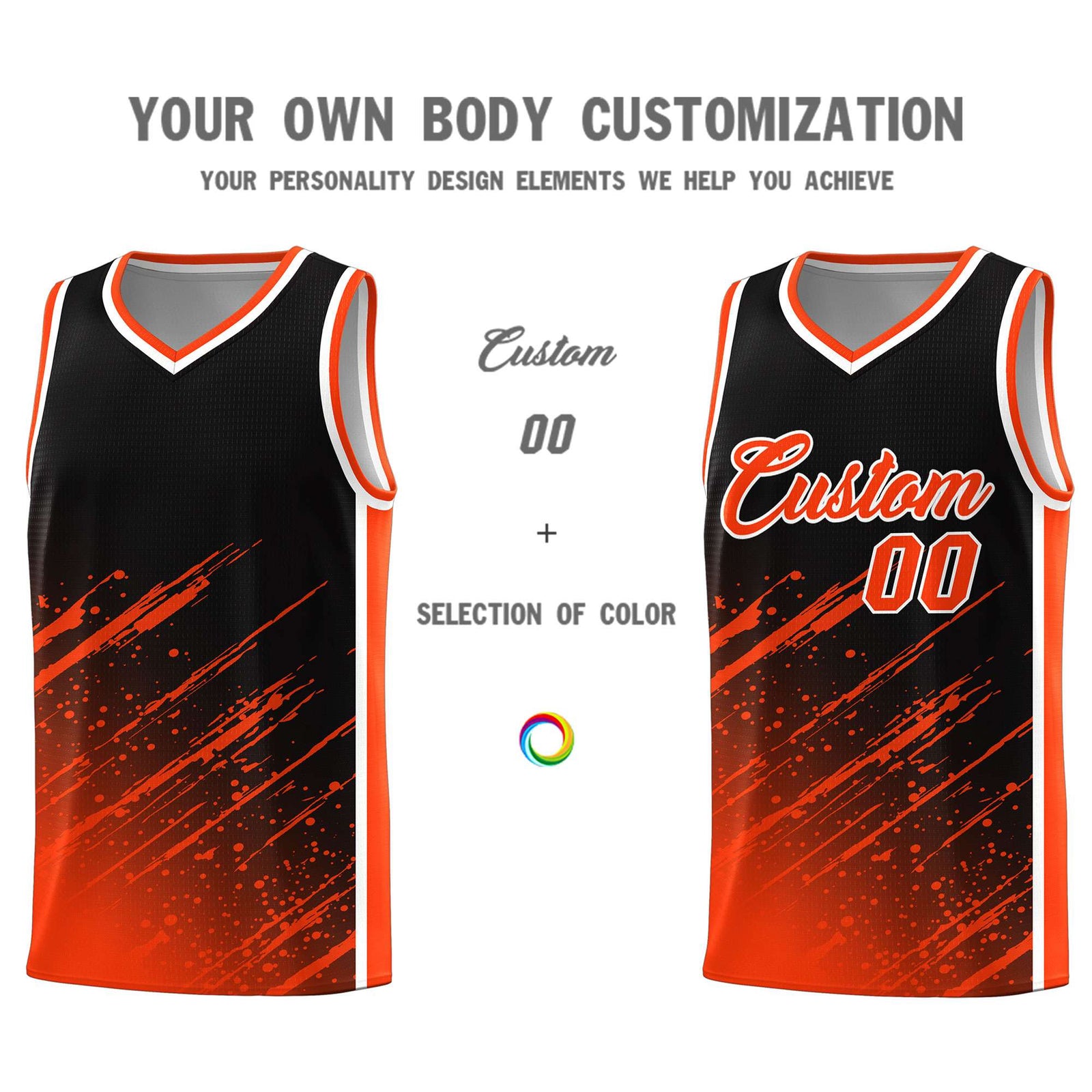 Custom Black Basketball Kits With Orange Paint Graffiti