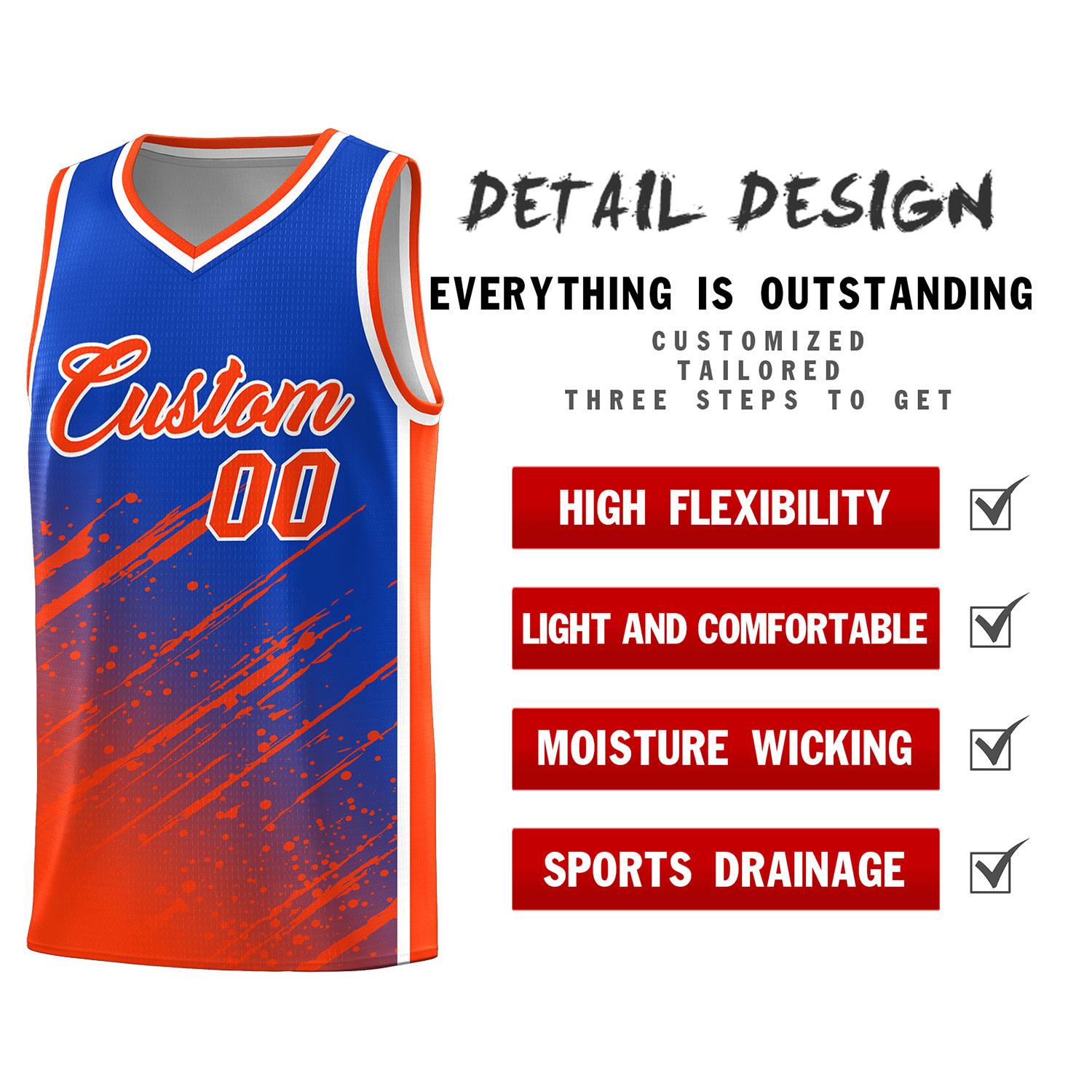 Custom Royal Basketball Kits With Orange Paint Graffiti