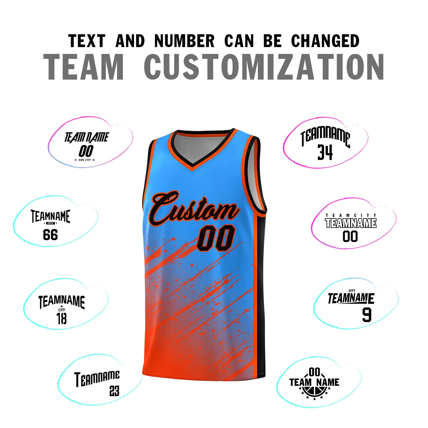 Custom Powder Blue Basketball Kits With Orange Paint Graffiti