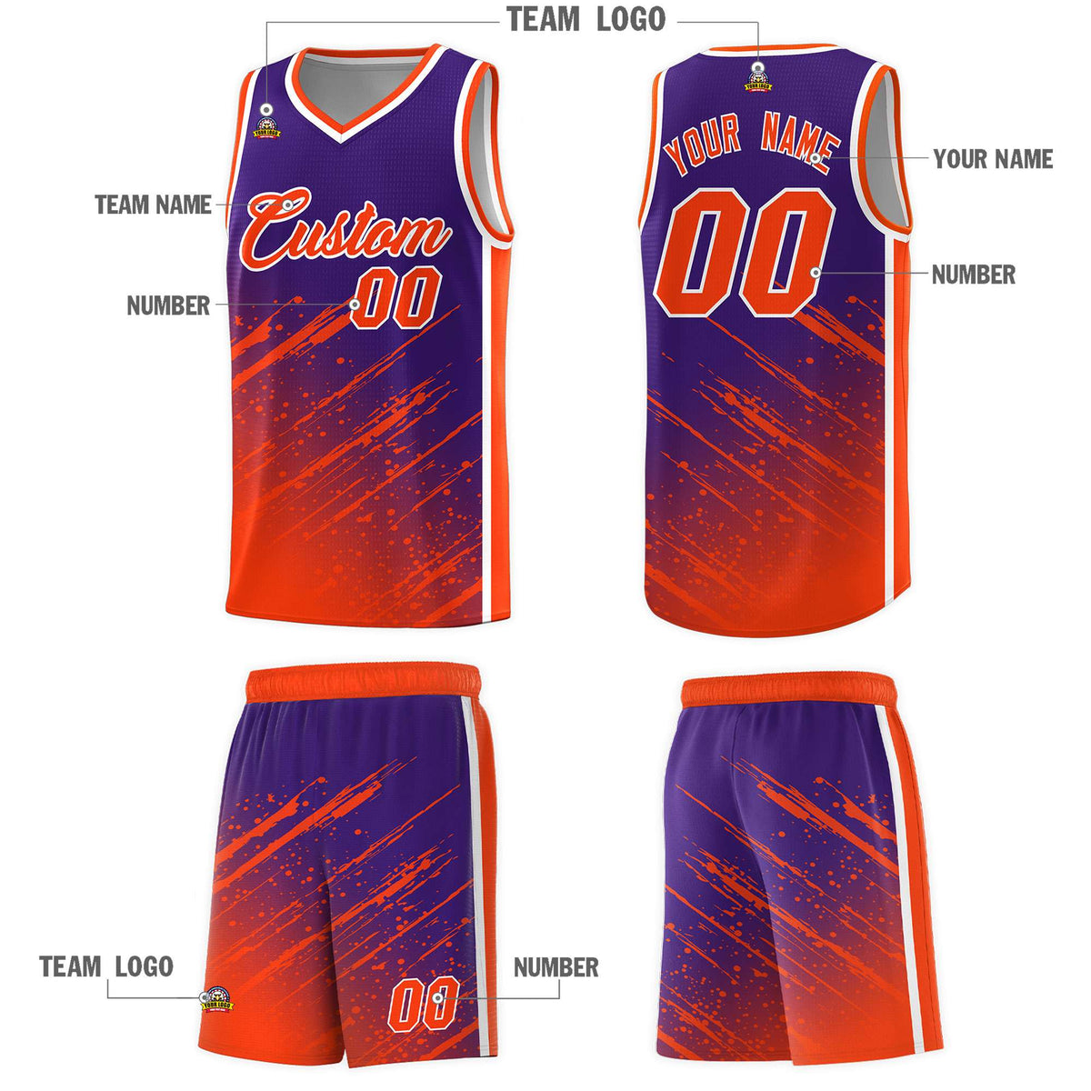 Custom Purple Basketball Kits With Orange Paint Graffiti