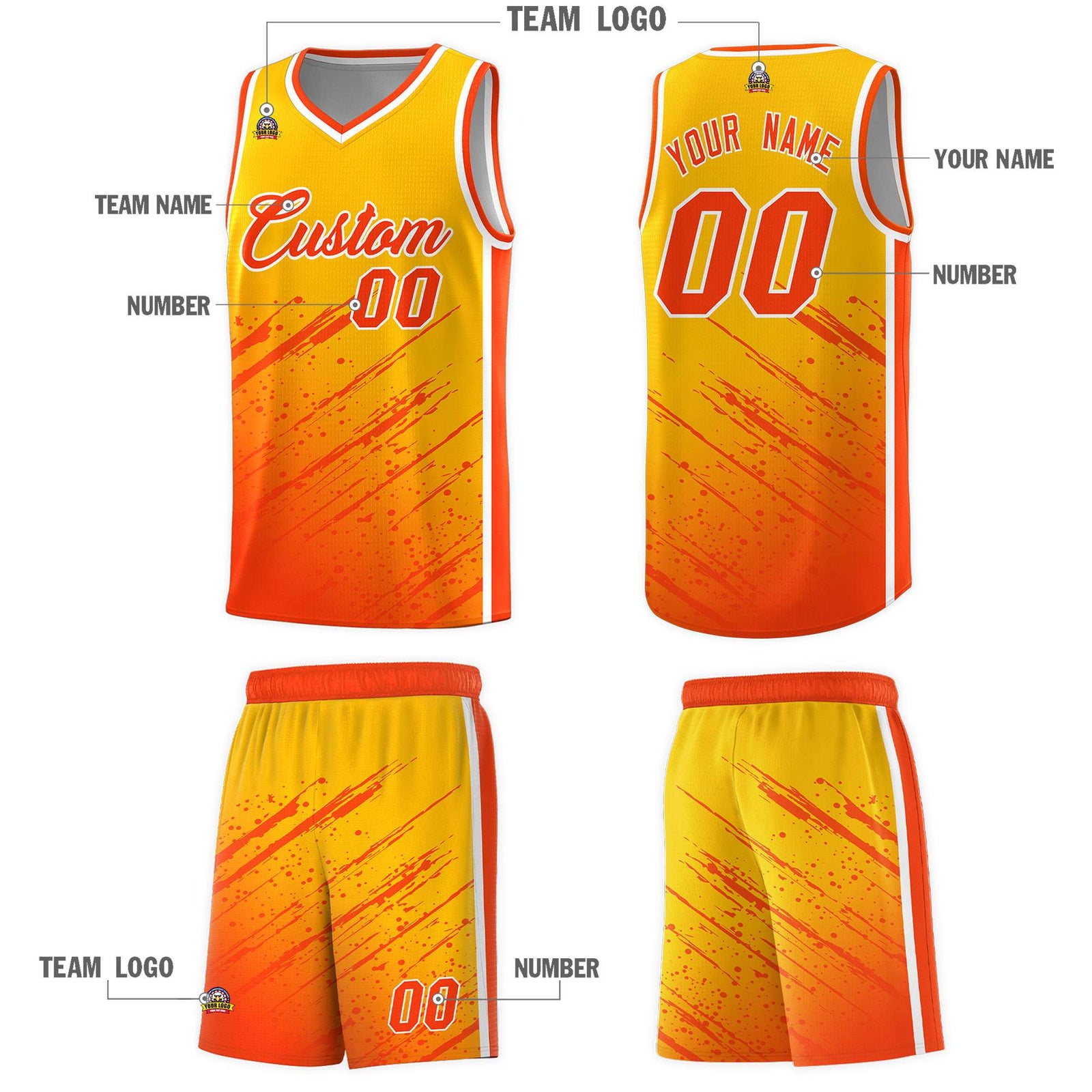Custom Yellow Basketball Kits With Orange Paint Graffiti