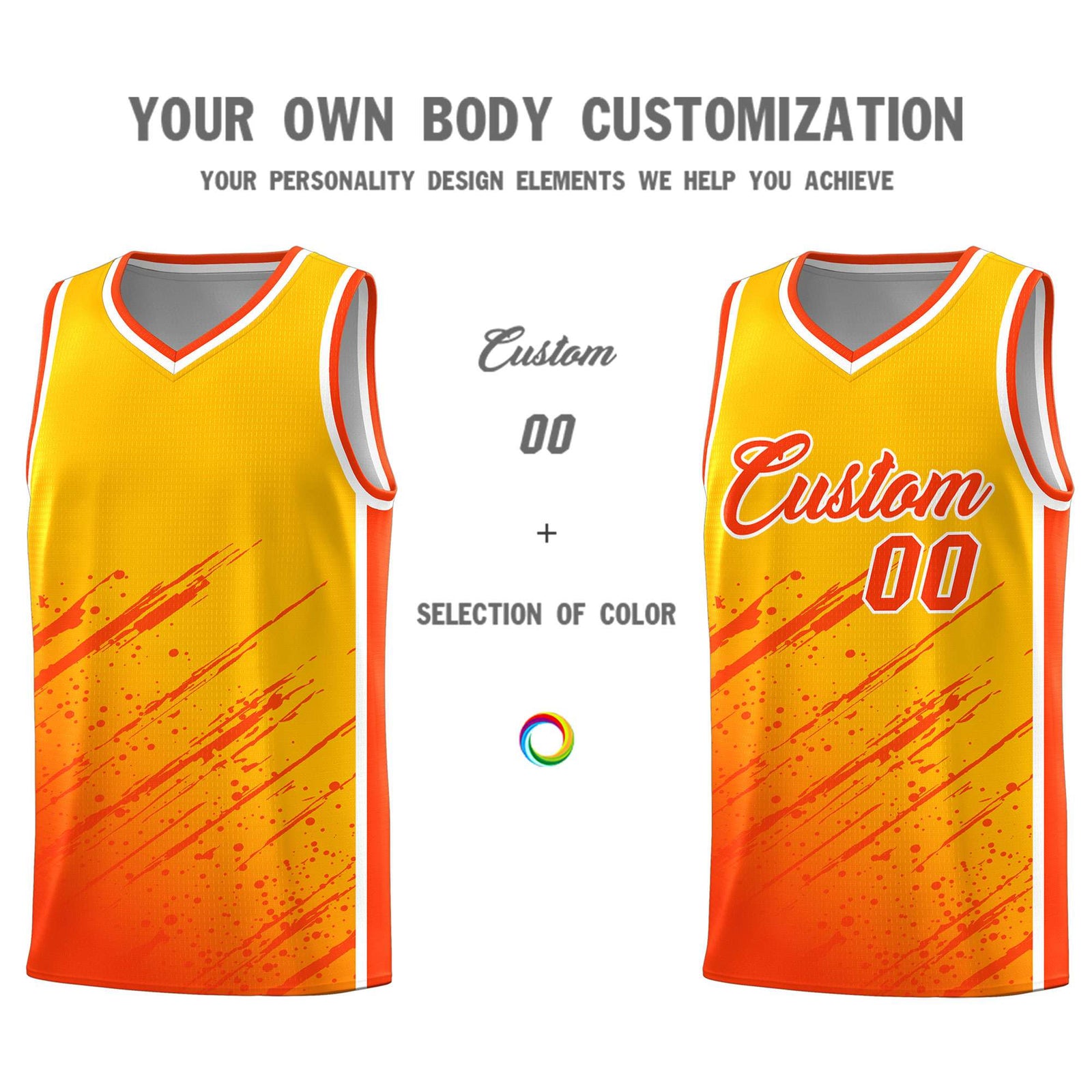 Custom Yellow Basketball Kits With Orange Paint Graffiti
