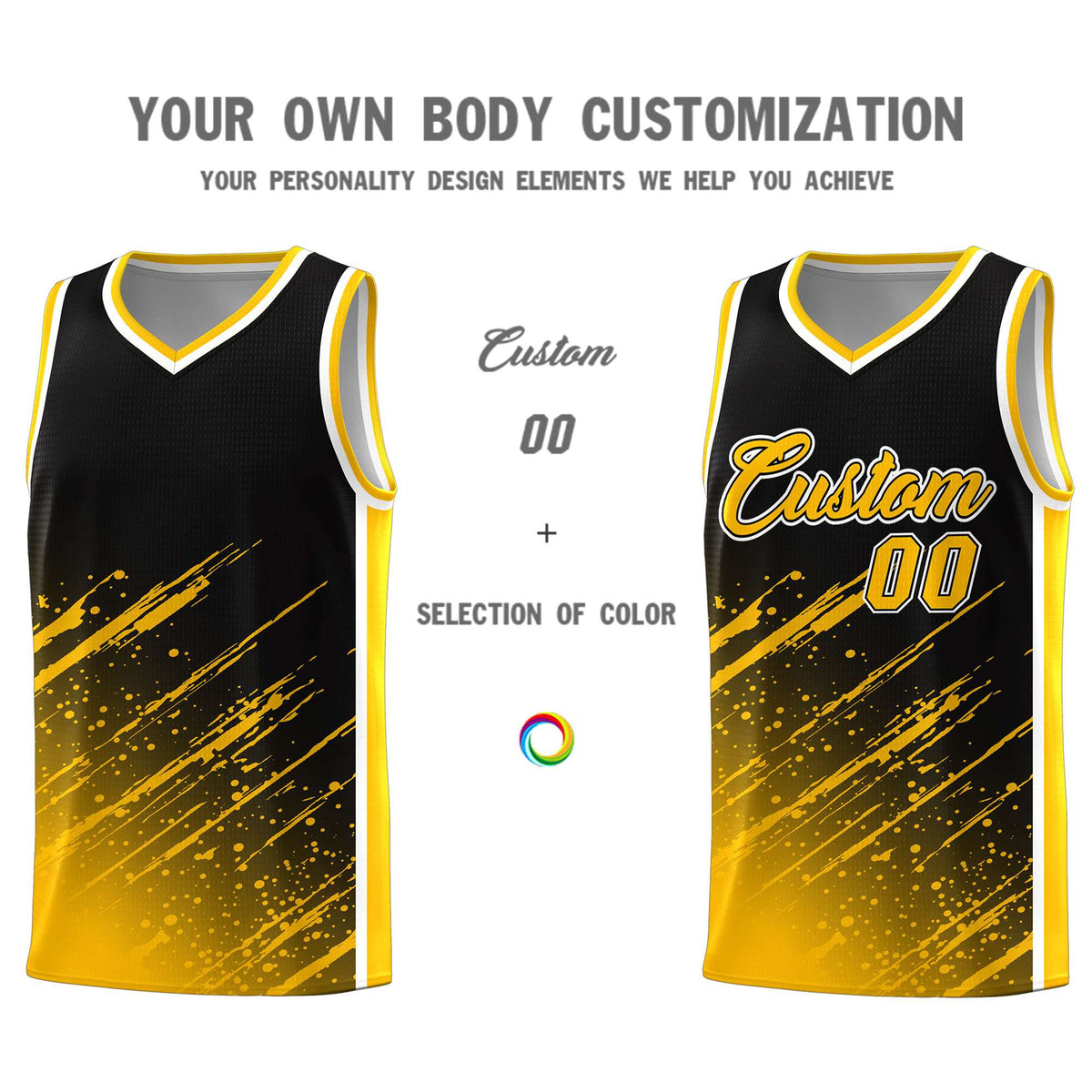 Custom Black Basketball Kits With Yellow Paint Graffiti