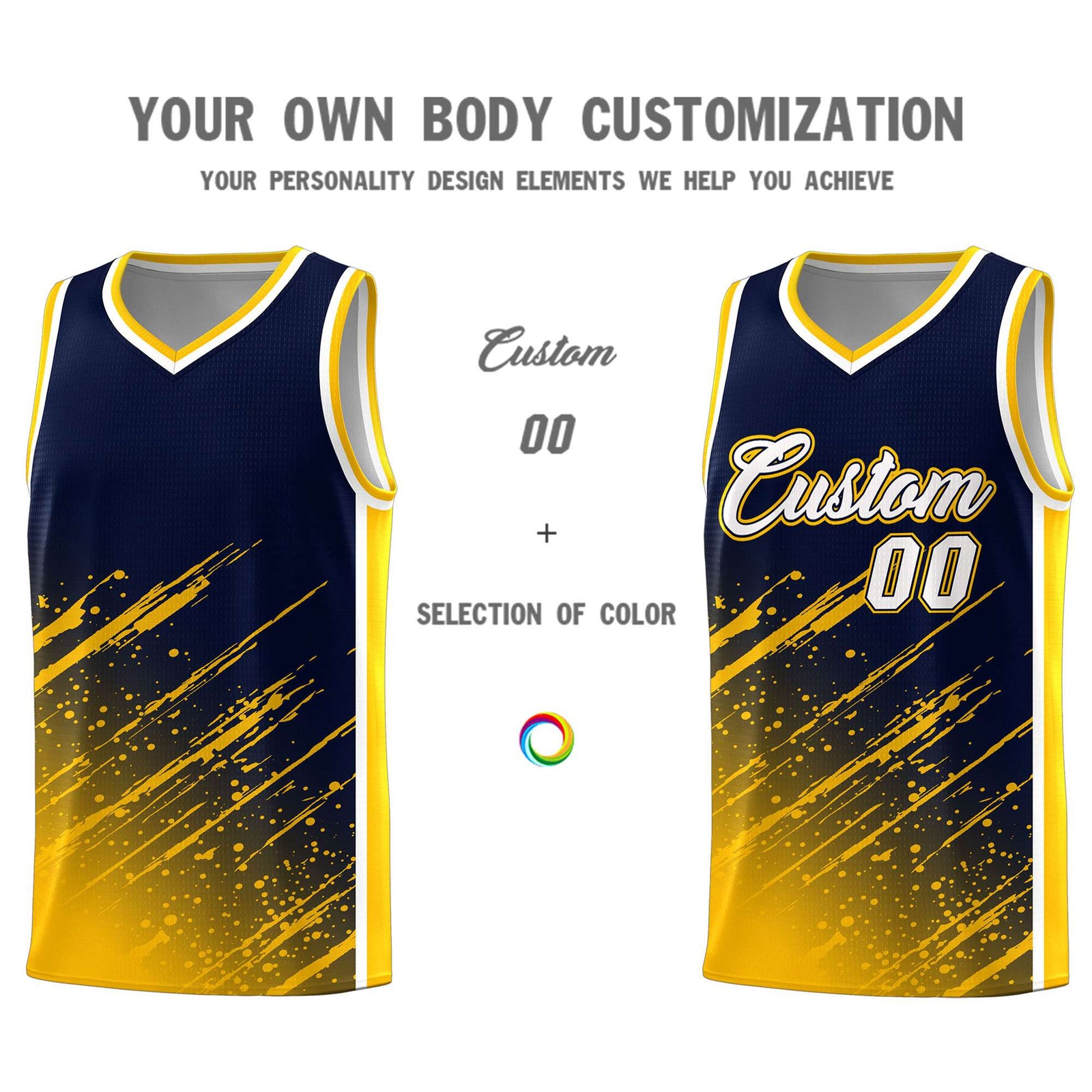 Custom Navy Basketball Kits With Yellow Paint Graffiti