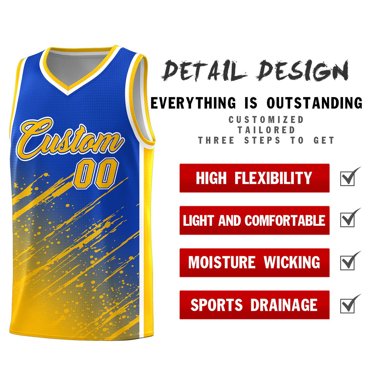 Custom Royal Basketball Kits With Yellow Paint Graffiti