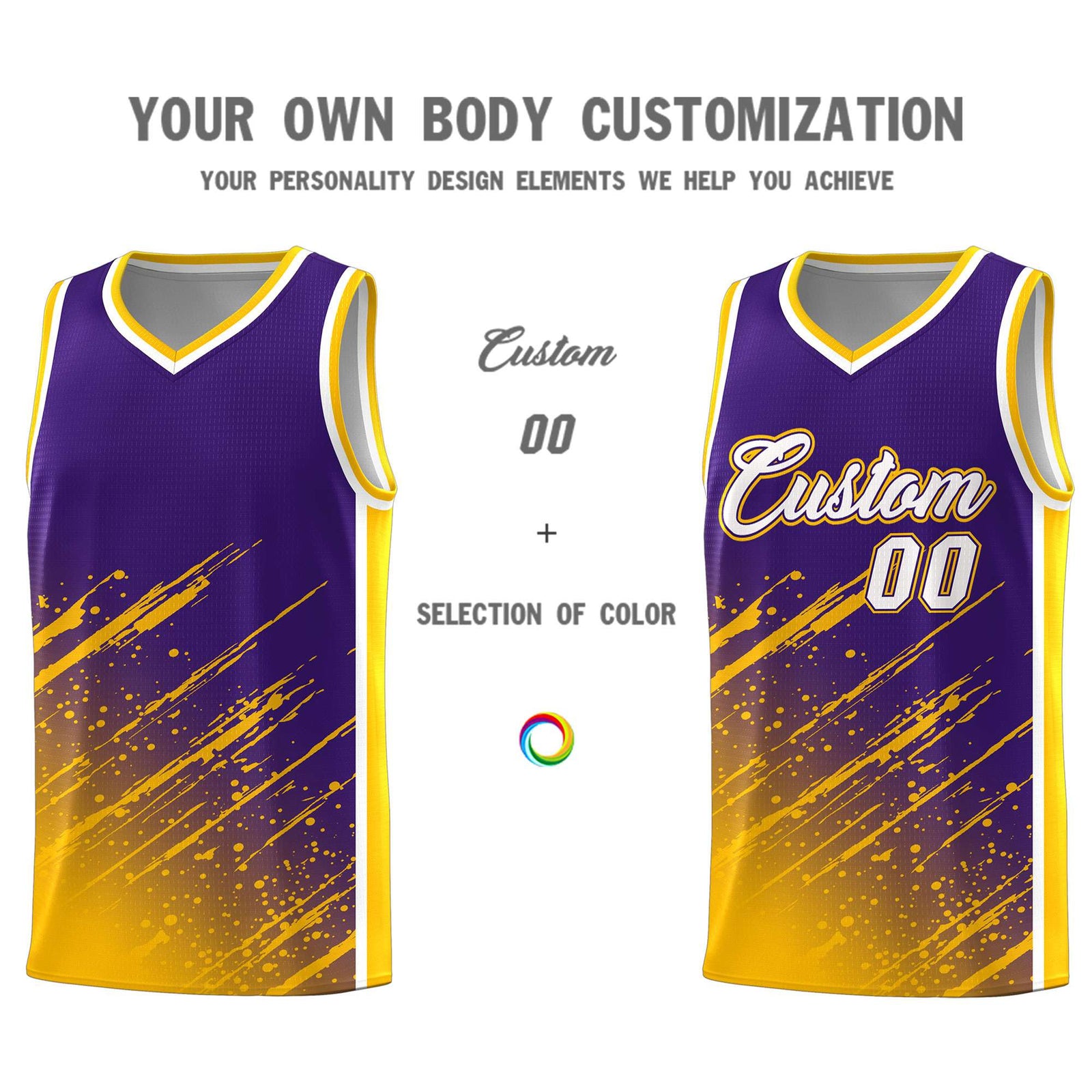 Custom Purple Basketball Kits With Yellow Paint Graffiti