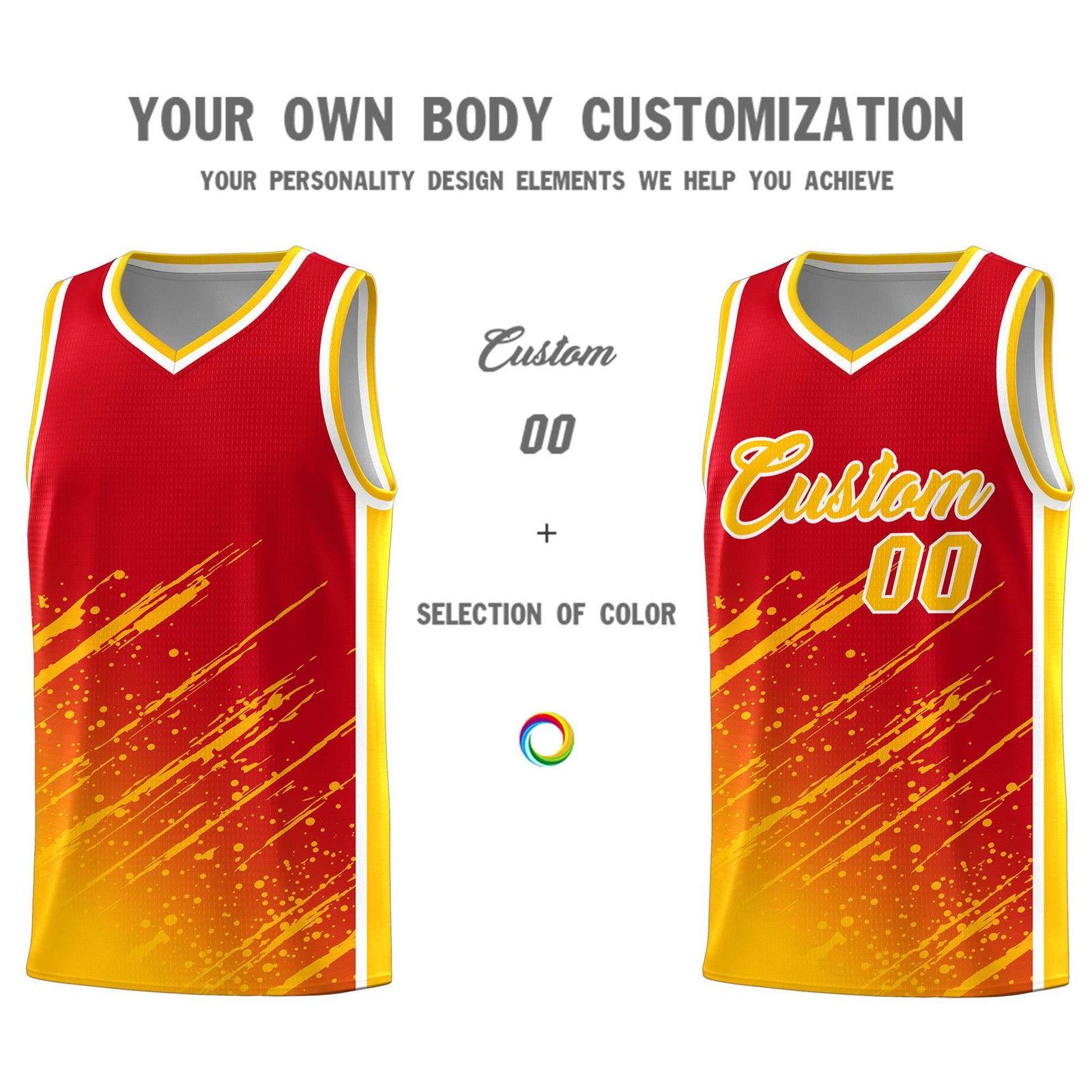 Custom Red Basketball Kits With Yellow Paint Graffiti