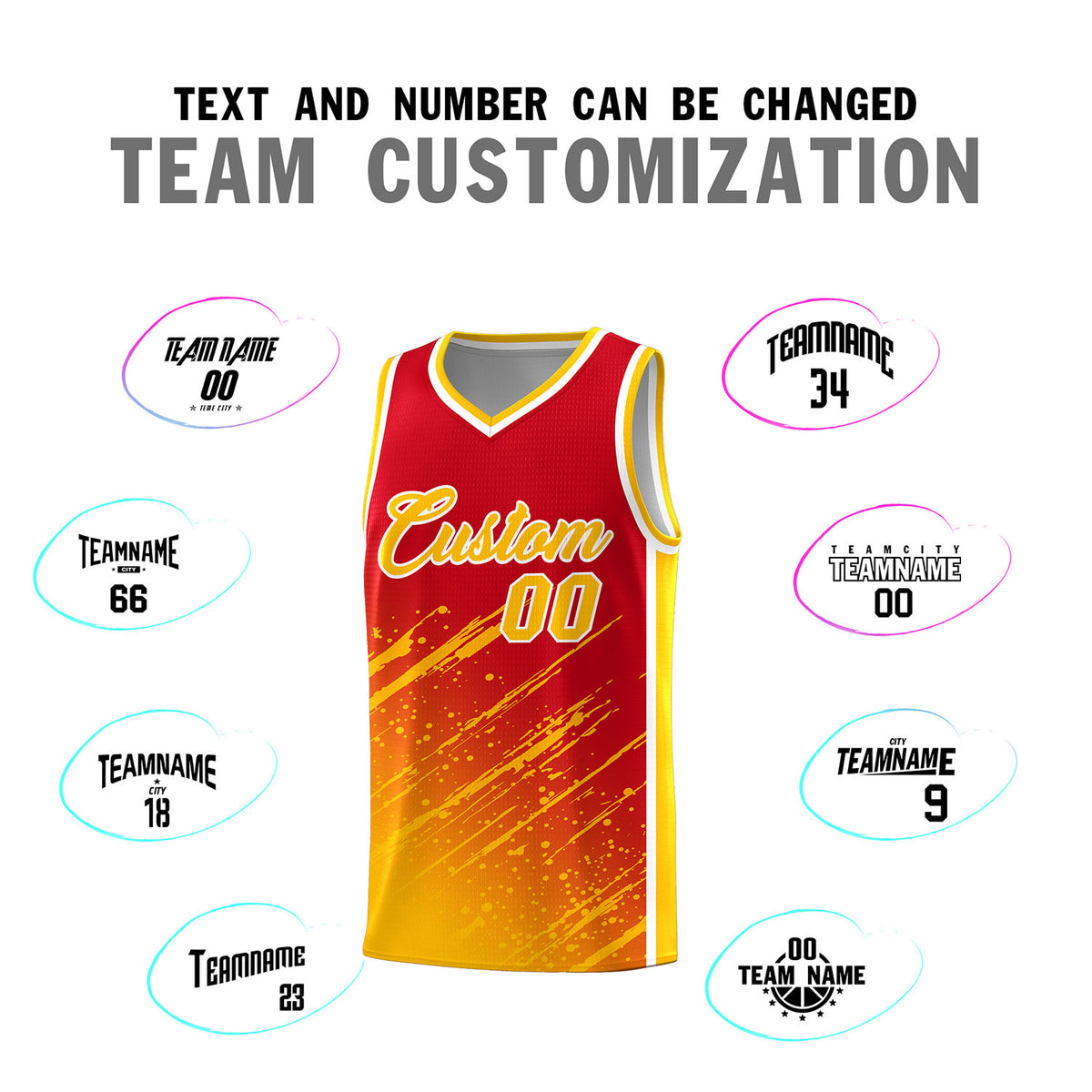 Custom Red Basketball Kits With Yellow Paint Graffiti
