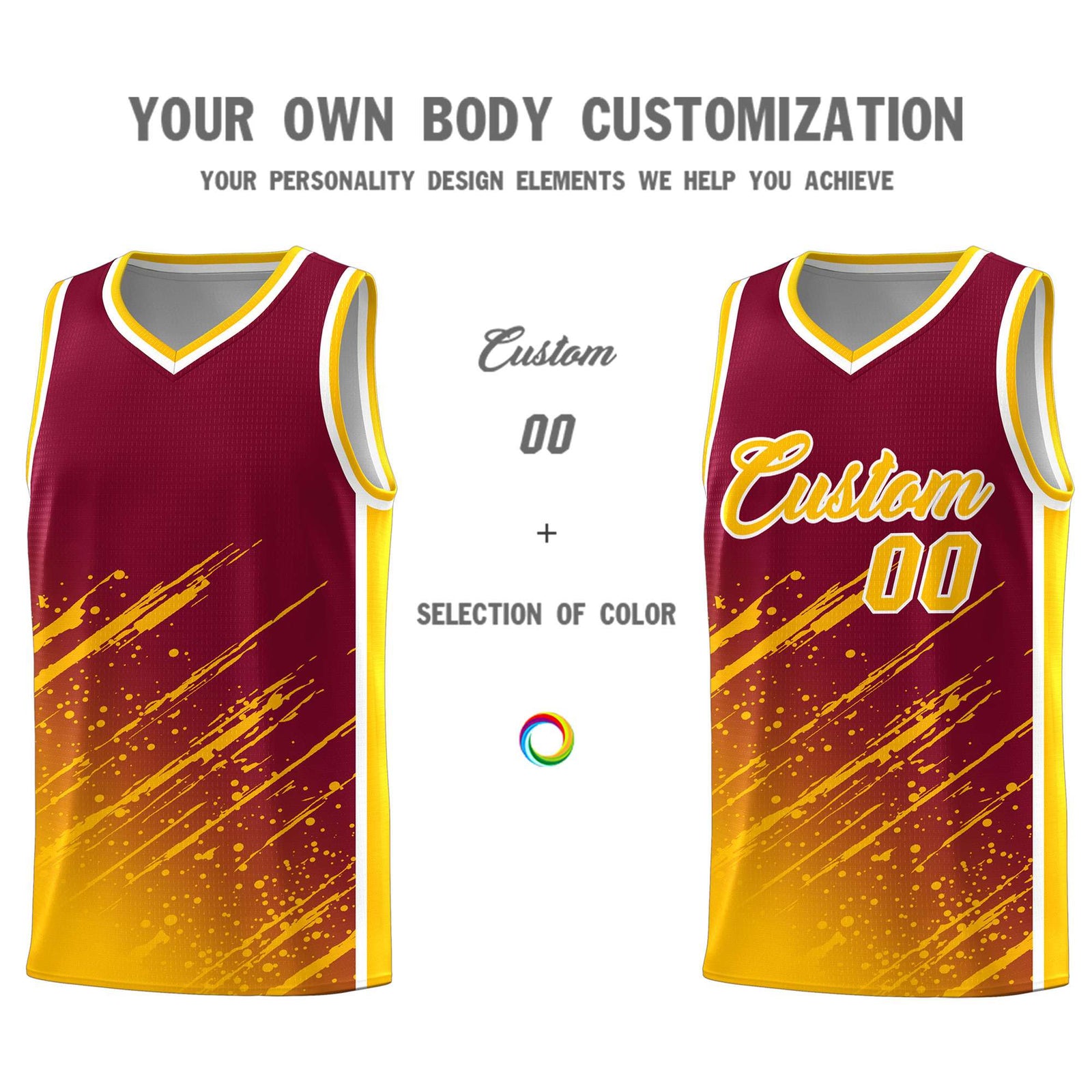 Custom Crimson Basketball Kits With Yellow Paint Graffiti
