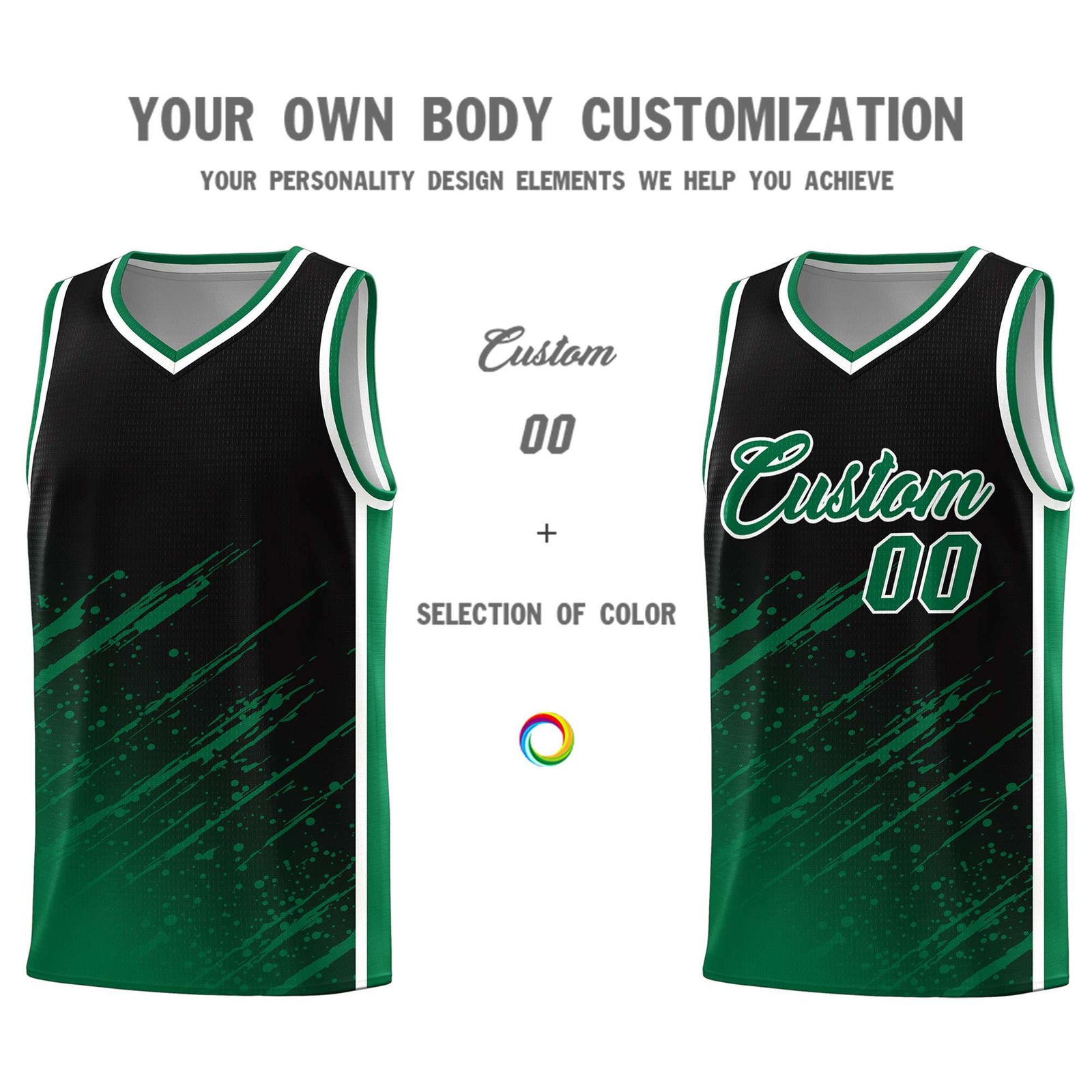 Custom Black Basketball Kits With Kelly Green Paint Graffiti