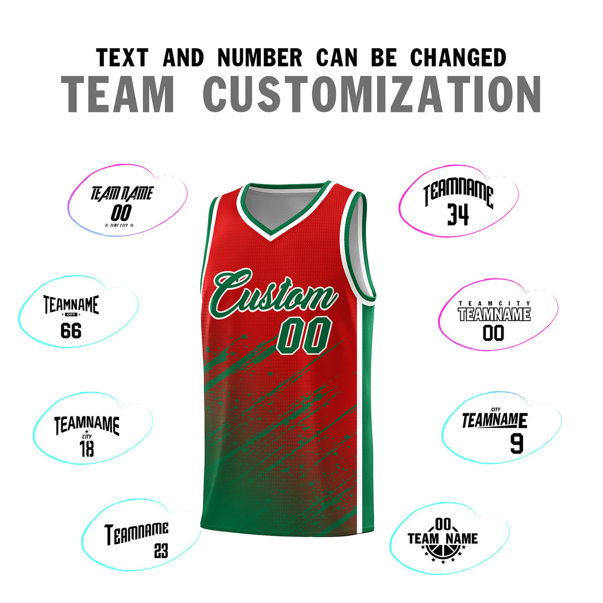 Custom Red Basketball Kits With Kelly Green Paint Graffiti