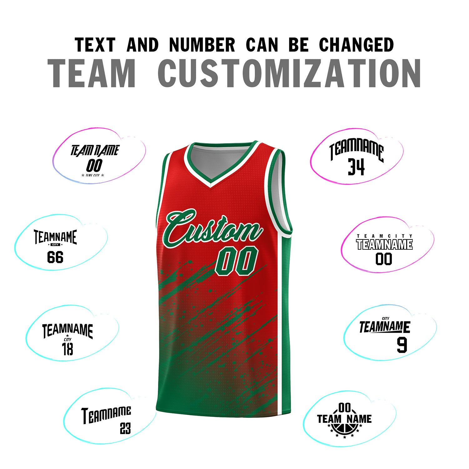 Custom Red Basketball Kits With Kelly Green Paint Graffiti