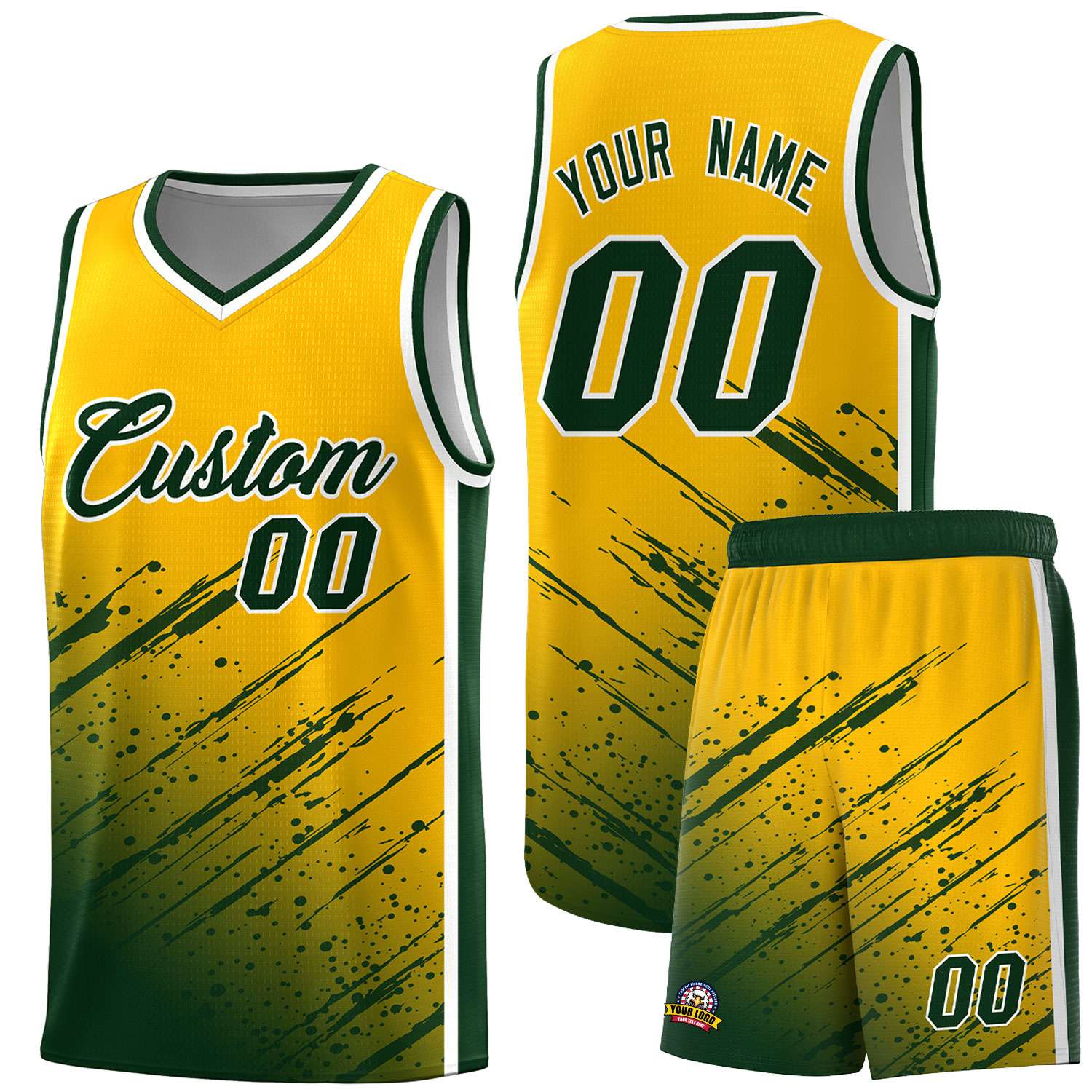 Custom Yellow Basketball Kits With Green Paint Graffiti
