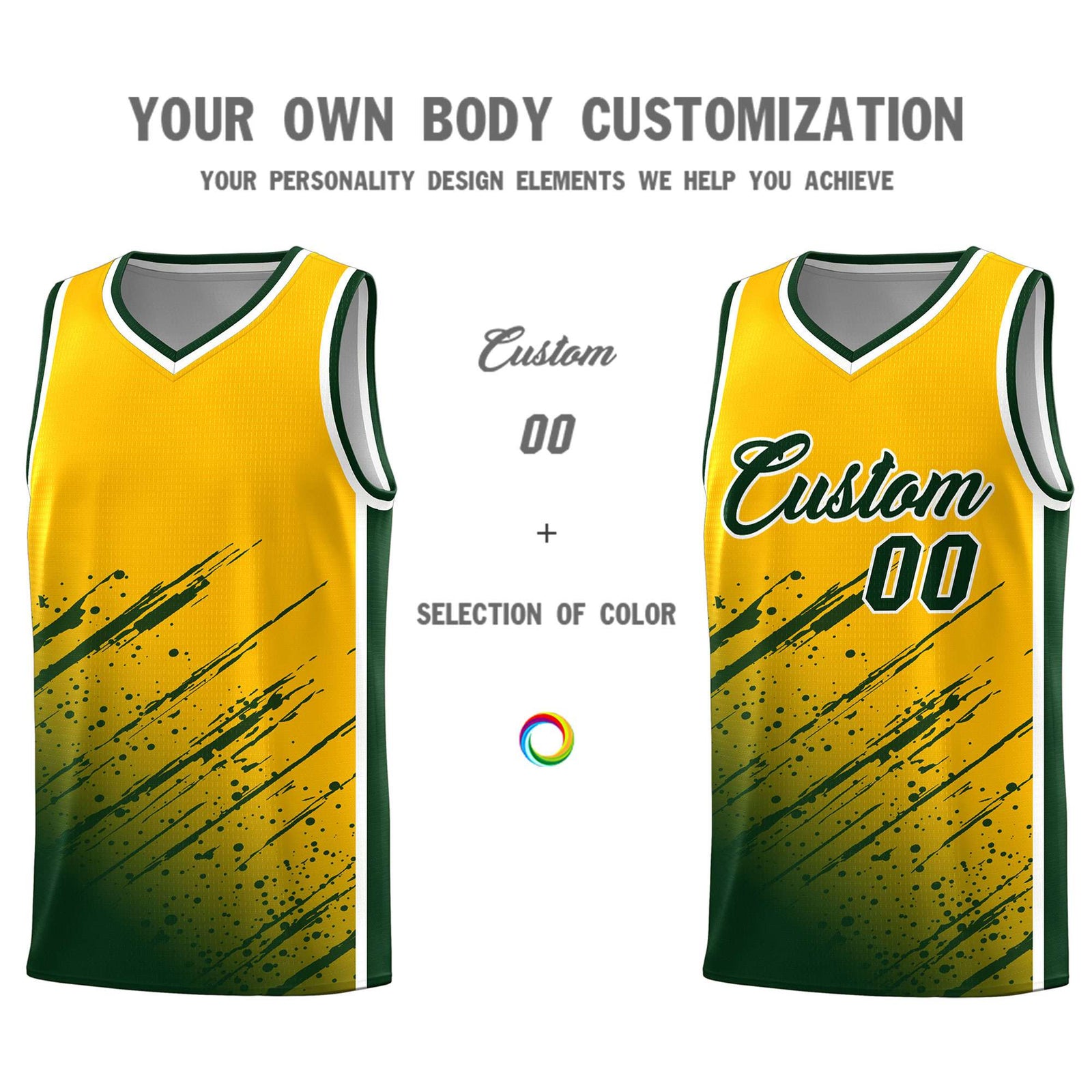 Custom Yellow Basketball Kits With Green Paint Graffiti