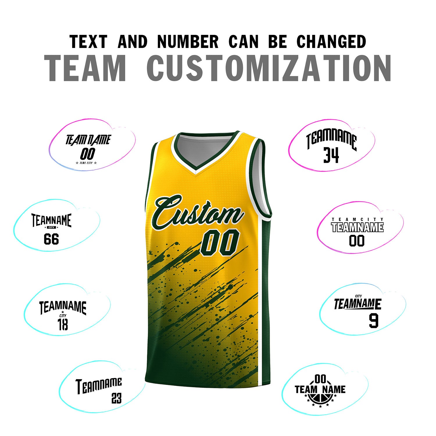 Custom Yellow Basketball Kits With Green Paint Graffiti