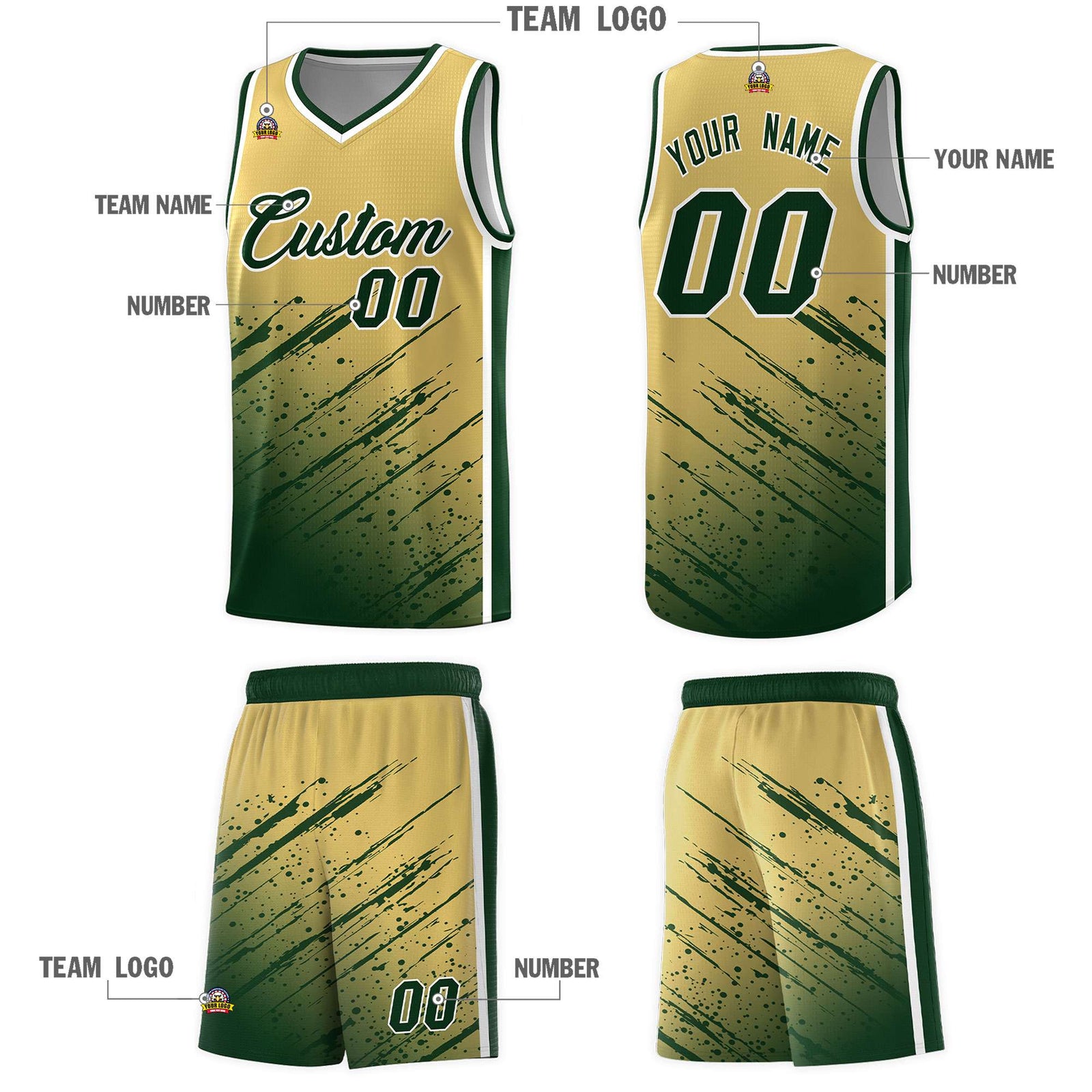 Custom Khaki Basketball Kits With Green Paint Graffiti