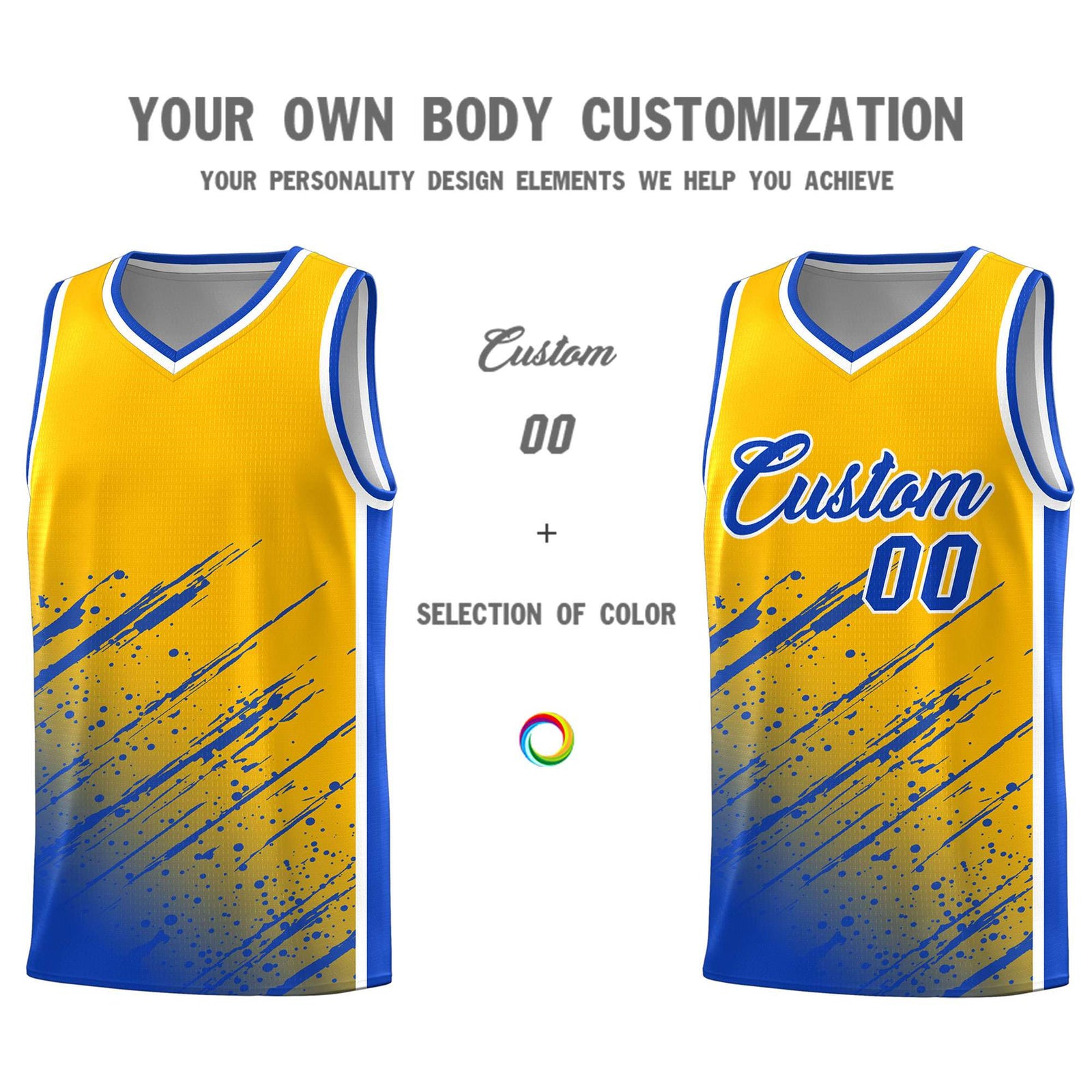 Custom Yellow Basketball Kits With Royal Paint Graffiti