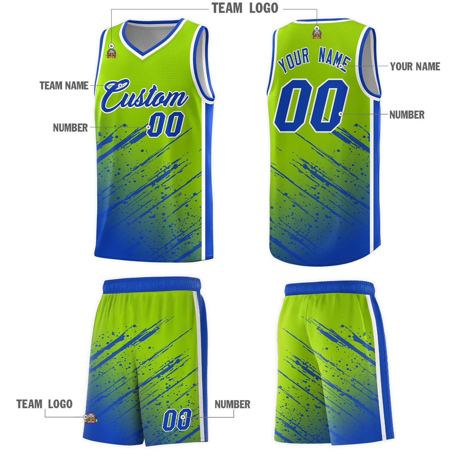 Custom Neon Green Basketball Kits With Royal Paint Graffiti
