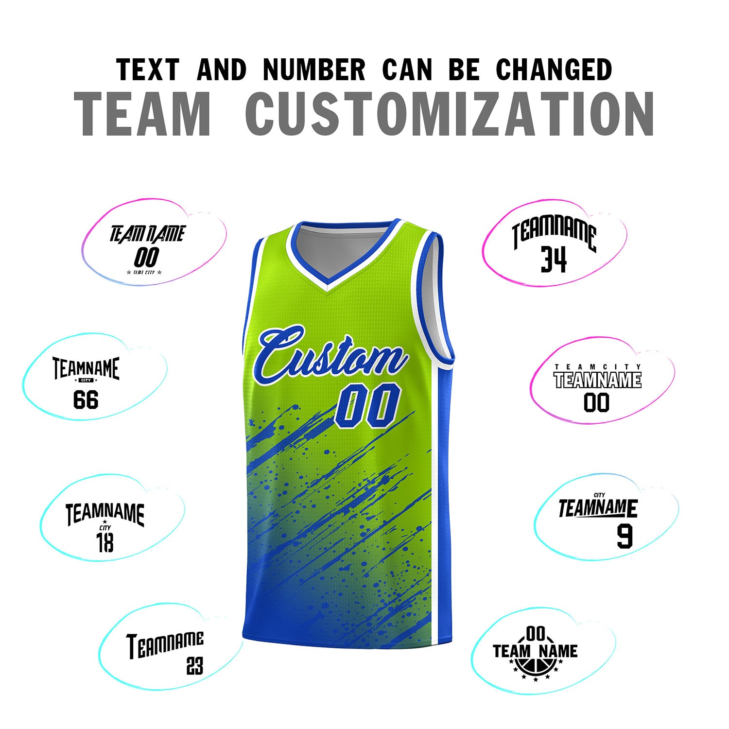 Custom Neon Green Basketball Kits With Royal Paint Graffiti