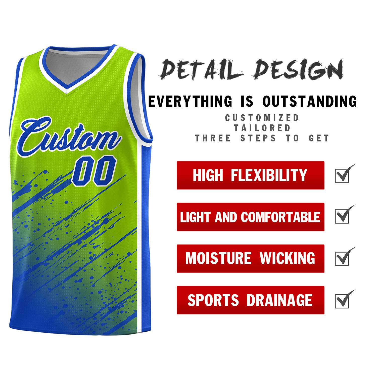 Custom Neon Green Basketball Kits With Royal Paint Graffiti