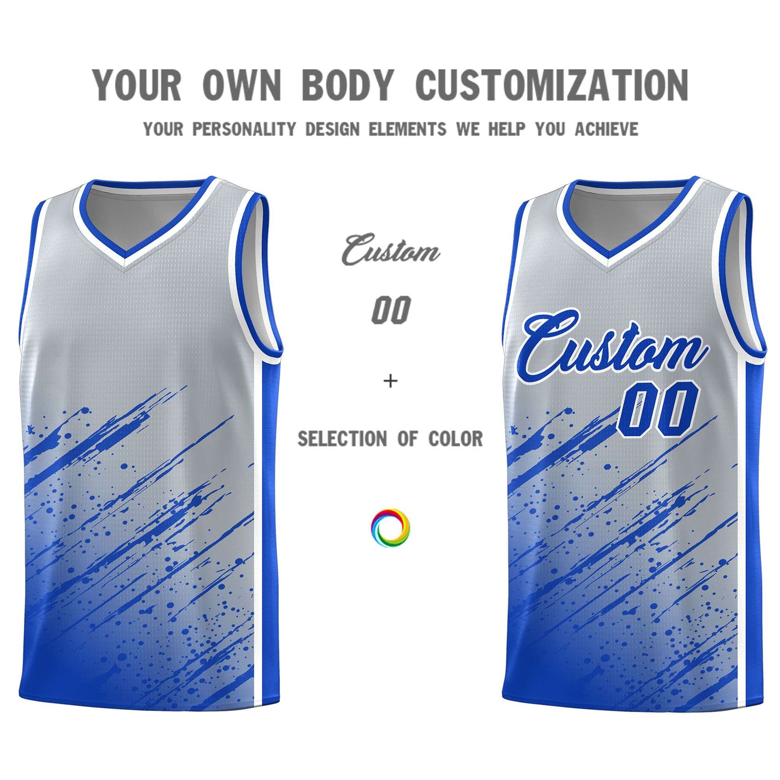 Custom Gray Basketball Kits With Royal Paint Graffiti