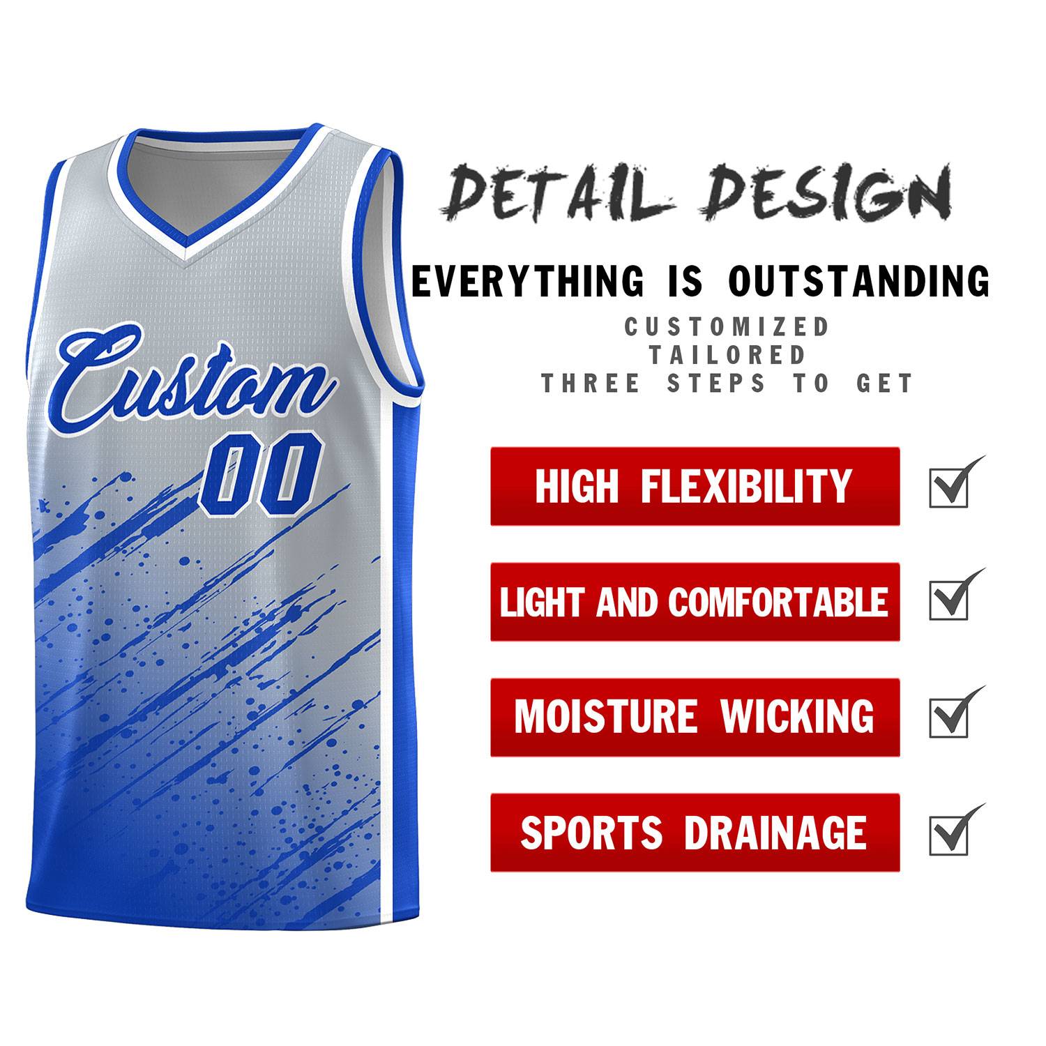 Custom Gray Basketball Kits With Royal Paint Graffiti