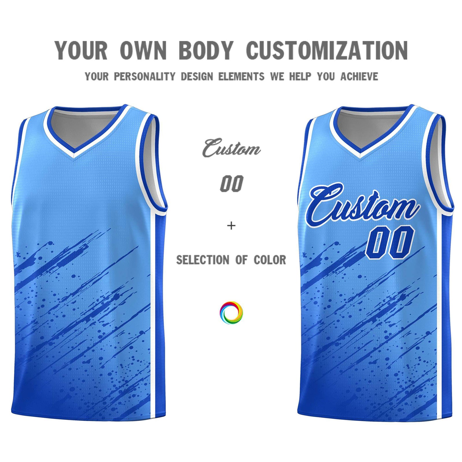 Custom Powder Blue Basketball Kits With Royal Paint Graffiti