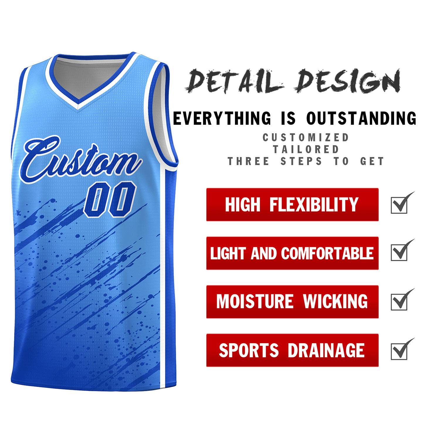 Custom Powder Blue Basketball Kits With Royal Paint Graffiti