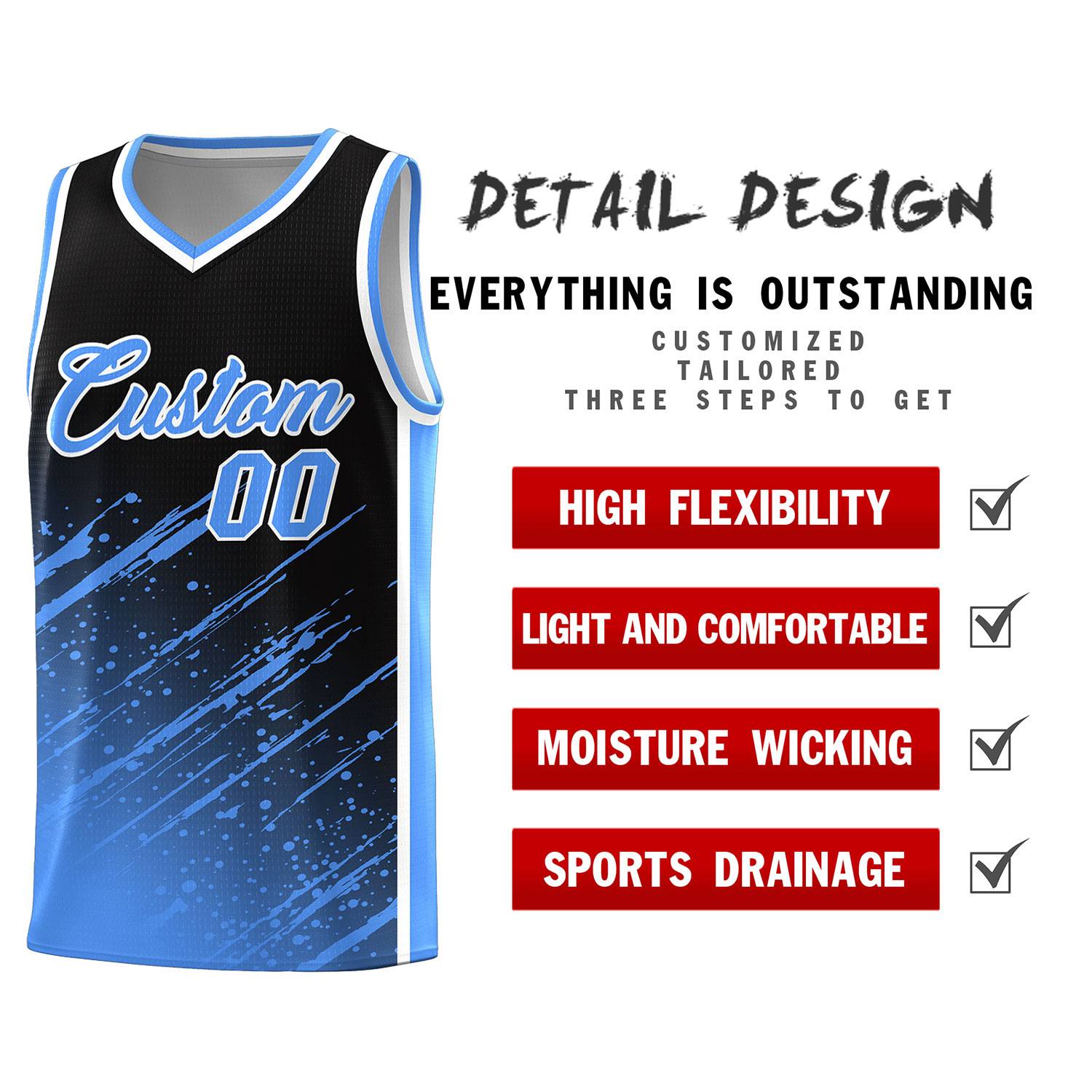 Custom Black Basketball Kits With Powder Blue Paint Graffiti