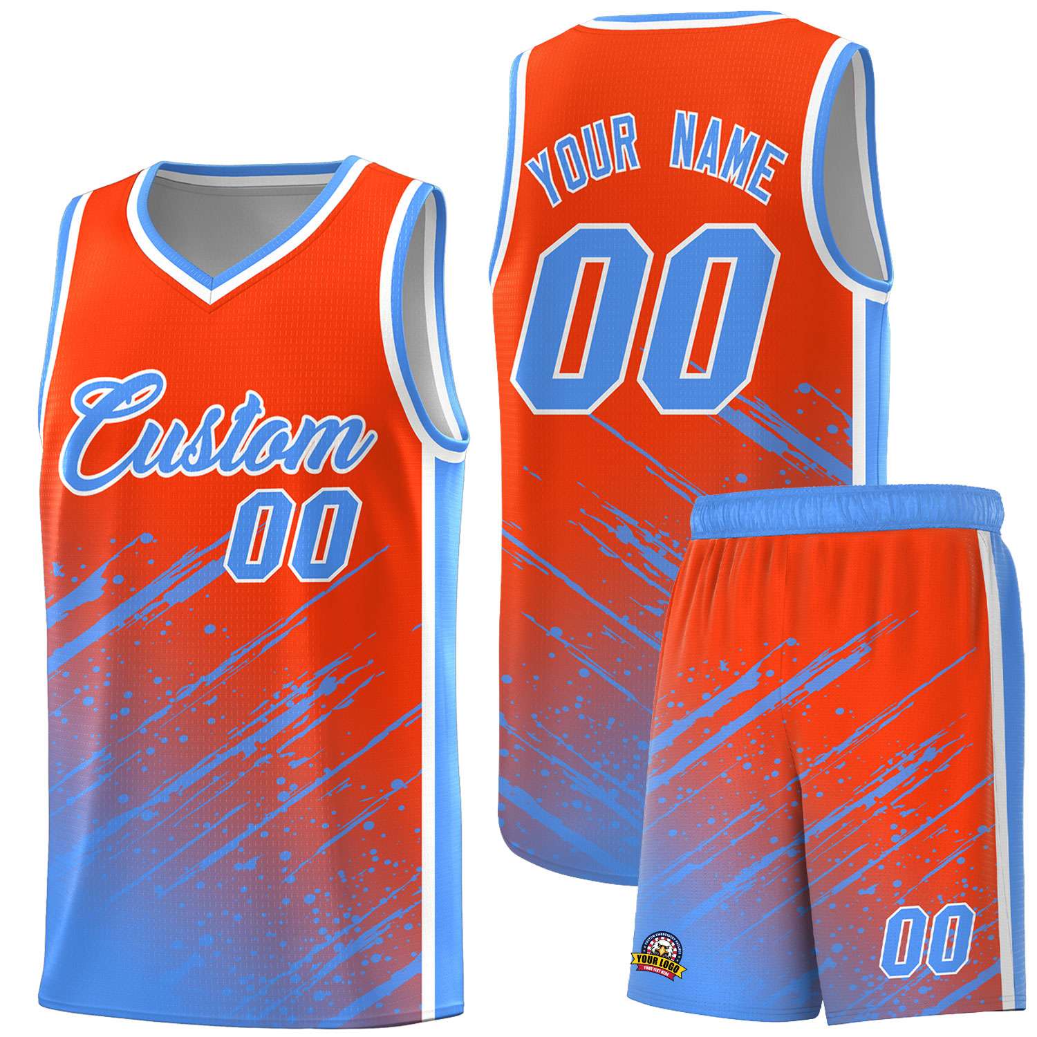 Custom Orange Basketball Kits With Powder Blue Paint Graffiti