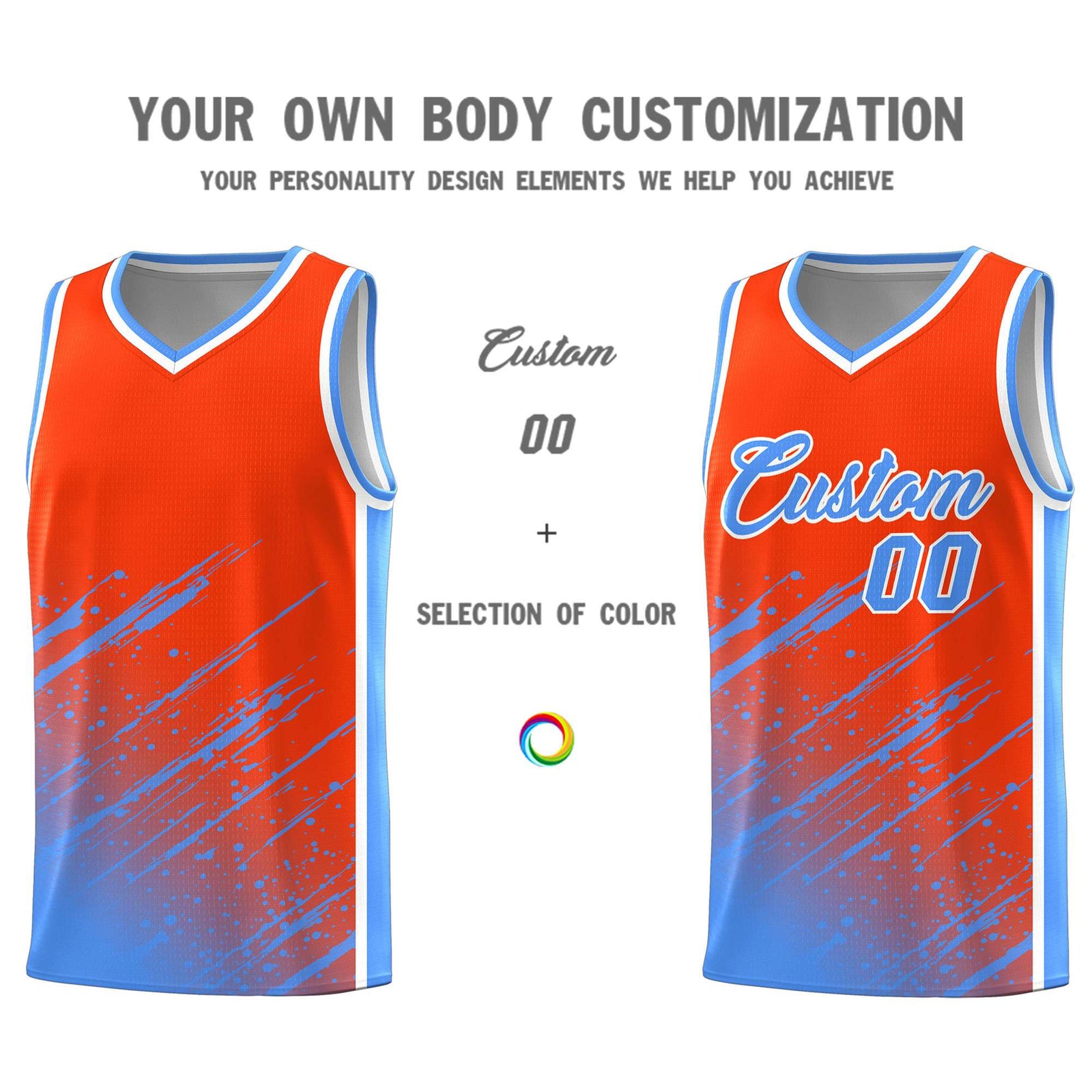 Custom Orange Basketball Kits With Powder Blue Paint Graffiti