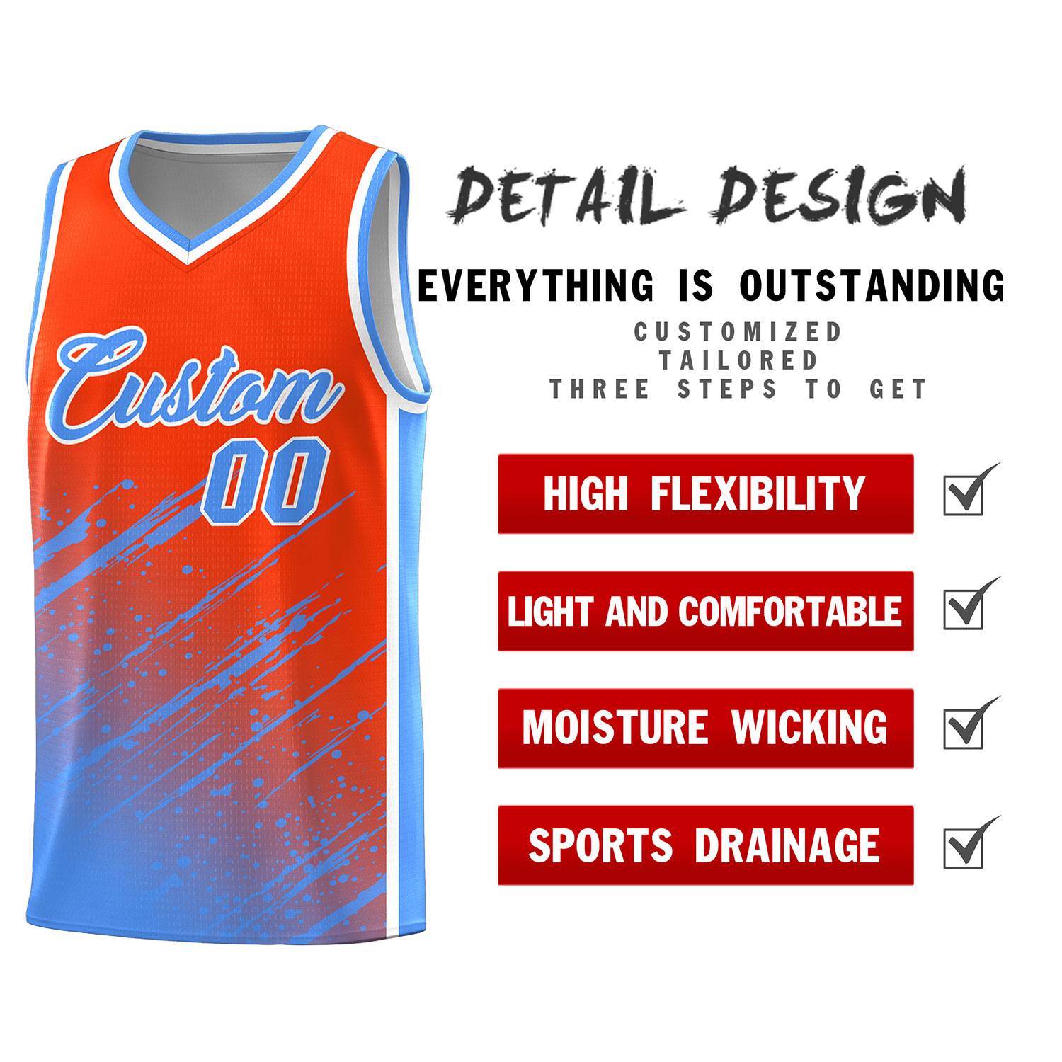 Custom Orange Basketball Kits With Powder Blue Paint Graffiti