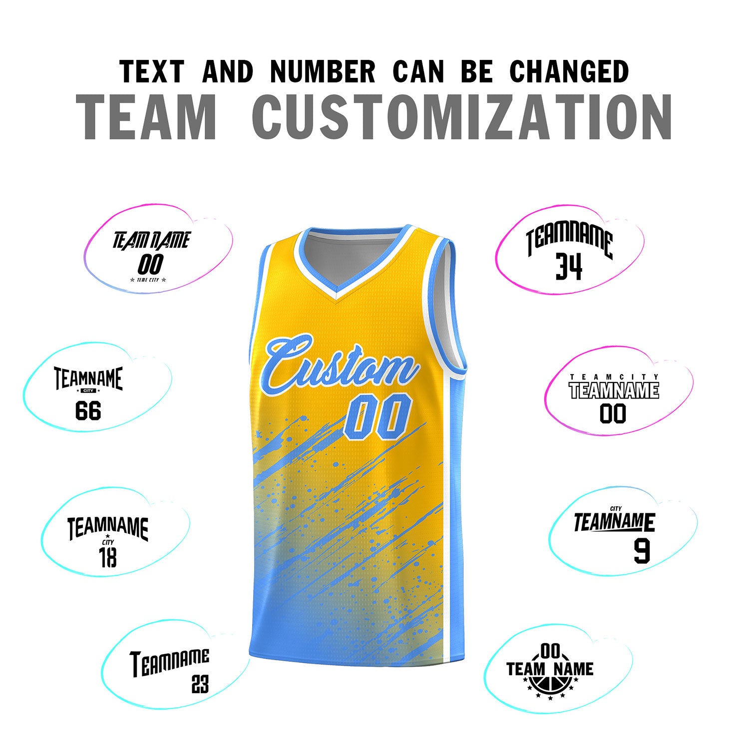 Custom Yellow Basketball Kits With Powder Blue Paint Graffiti