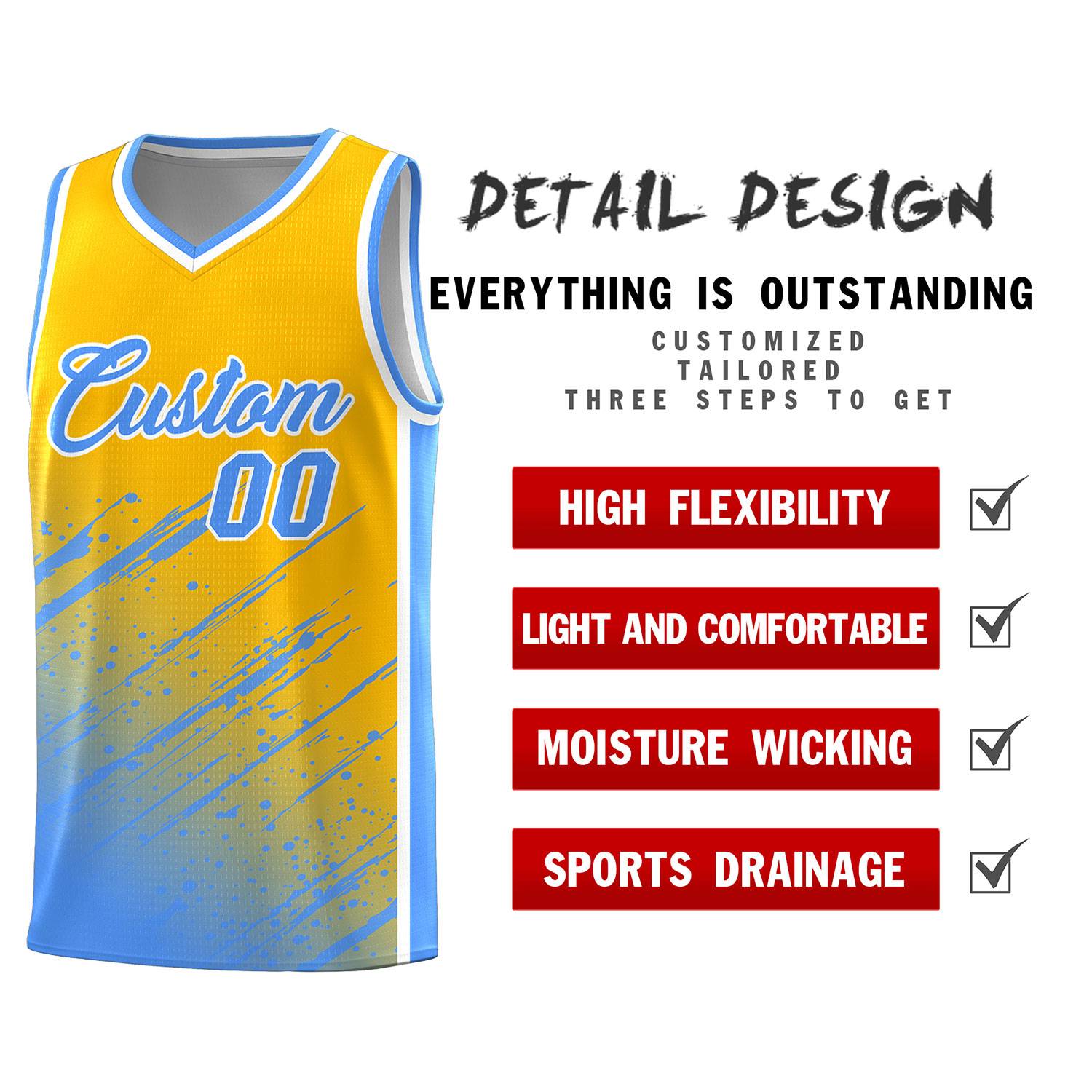 Custom Yellow Basketball Kits With Powder Blue Paint Graffiti