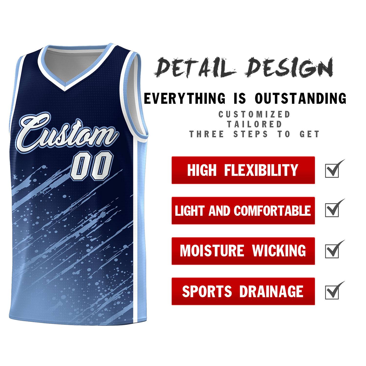 Custom Navy Basketball Kits With Light Blue Paint Graffiti
