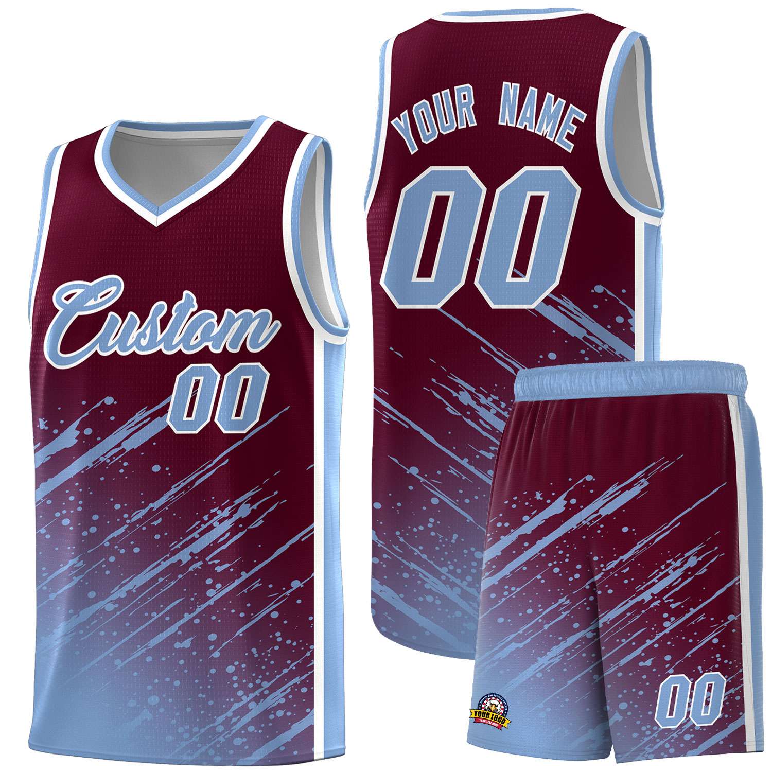 Custom Crimson Basketball Kits With Light Blue Paint Graffiti