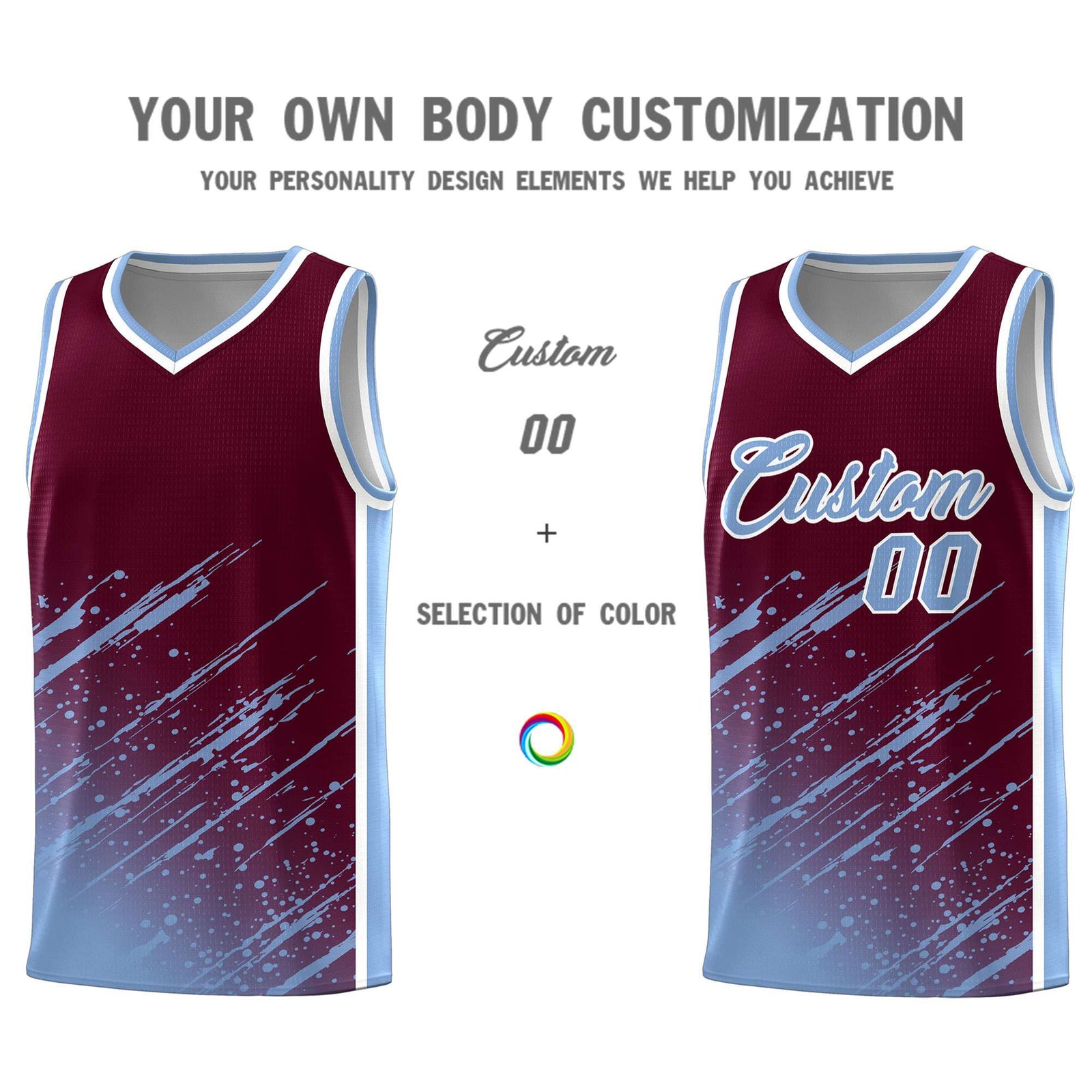 Custom Crimson Basketball Kits With Light Blue Paint Graffiti