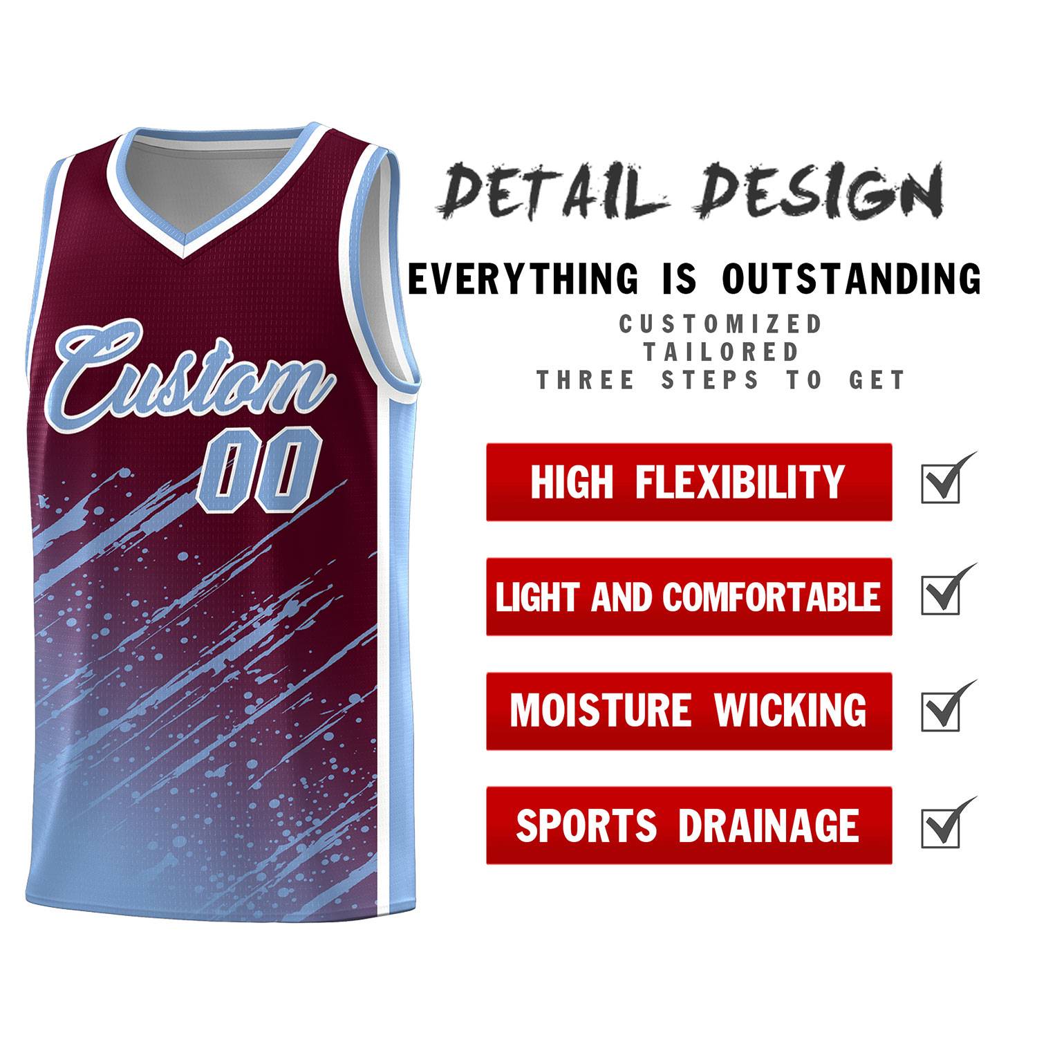 Custom Crimson Basketball Kits With Light Blue Paint Graffiti