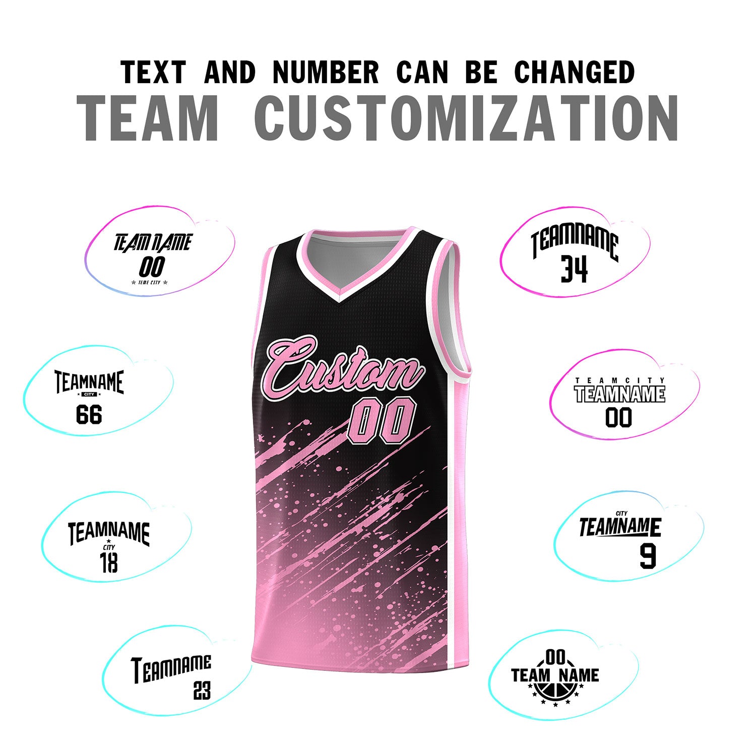 Custom Black Basketball Kits With Light Pink Paint Graffiti