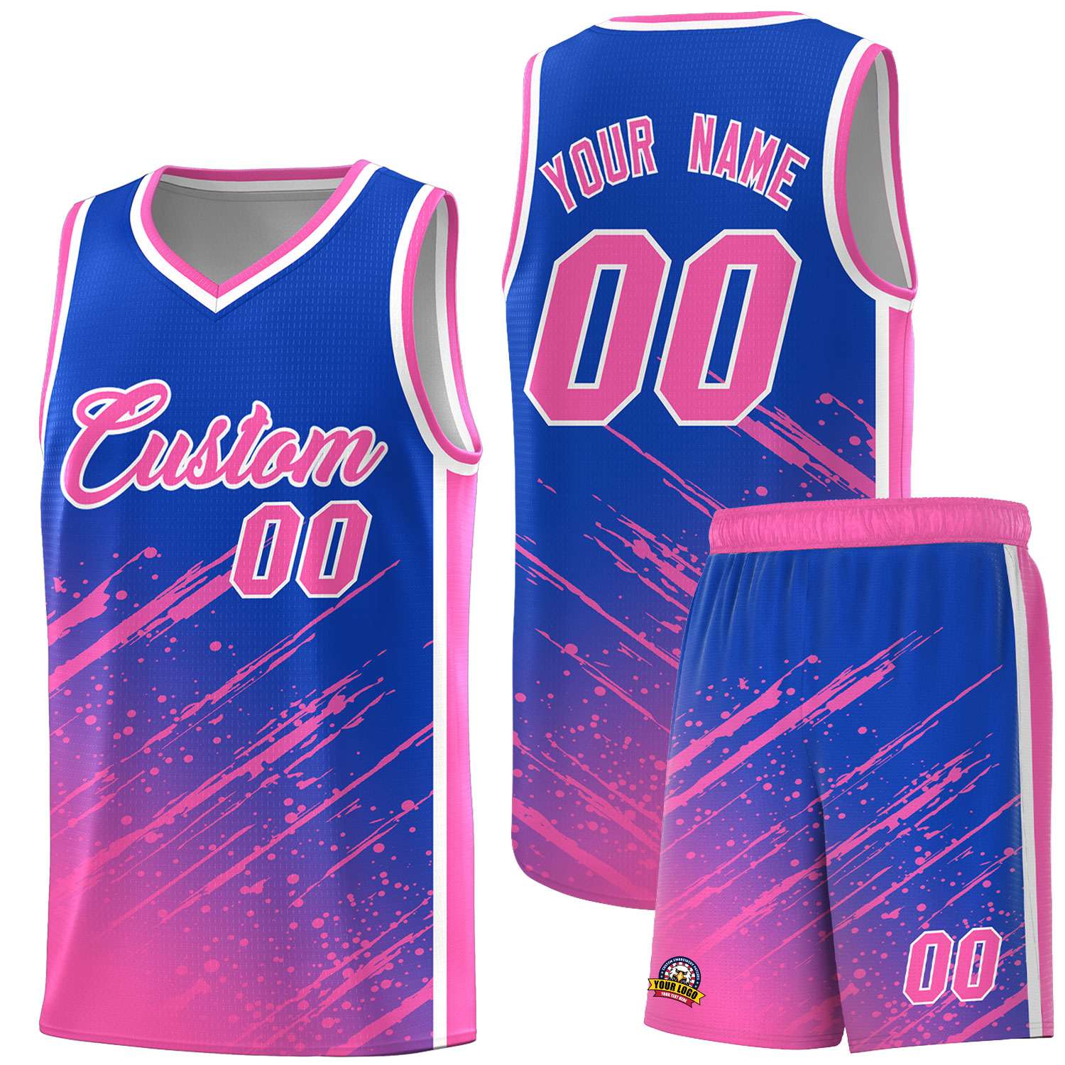 Custom Royal Basketball Kits With Pink Paint Graffiti