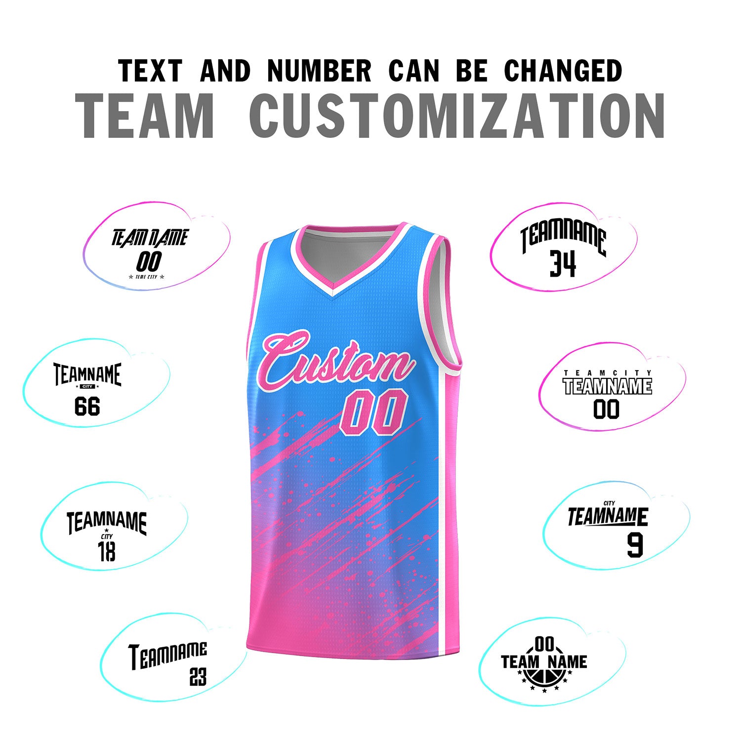 Custom Powder Blue Basketball Kits With Pink Paint Graffiti