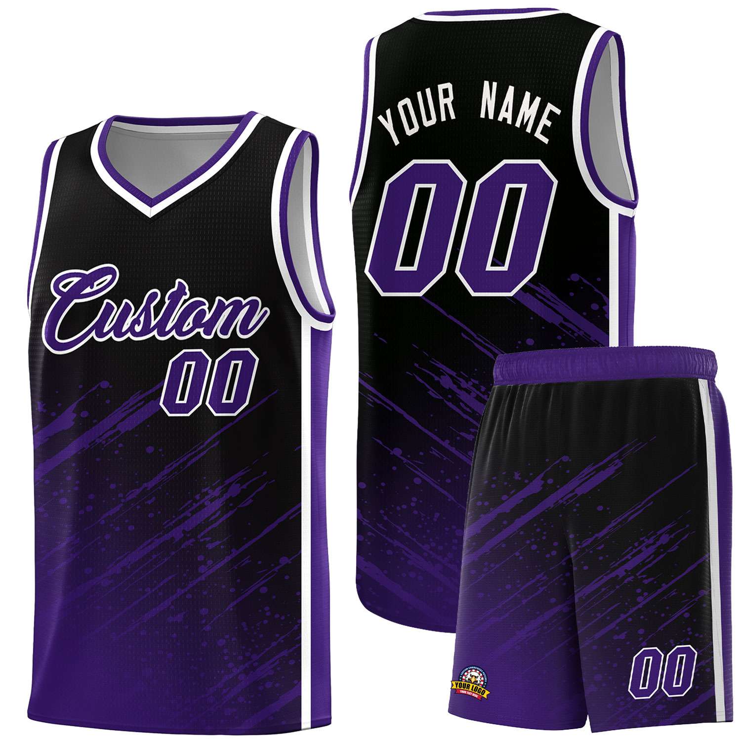 Custom Black Basketball Kits With Purple Paint Graffiti