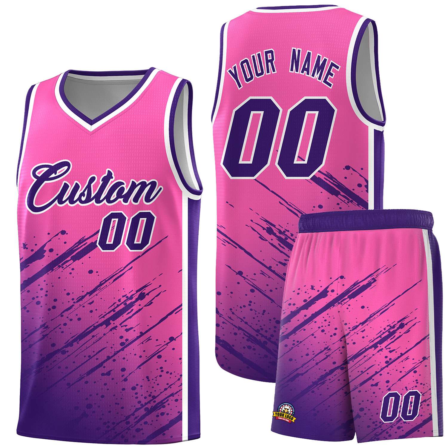 Custom Pink Basketball Kits With Purple Paint Graffiti