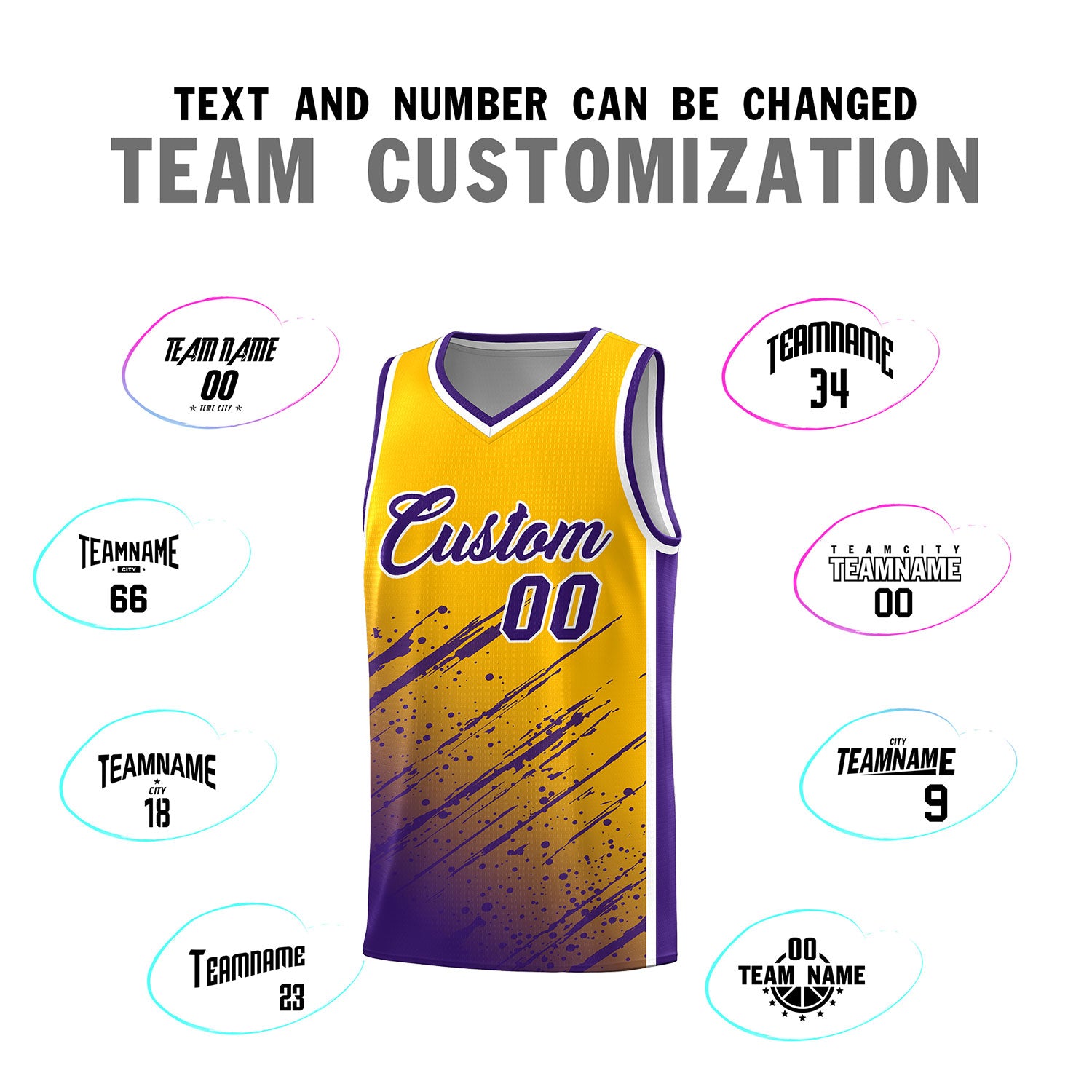 Custom Yellow Basketball Kits With Purple Paint Graffiti