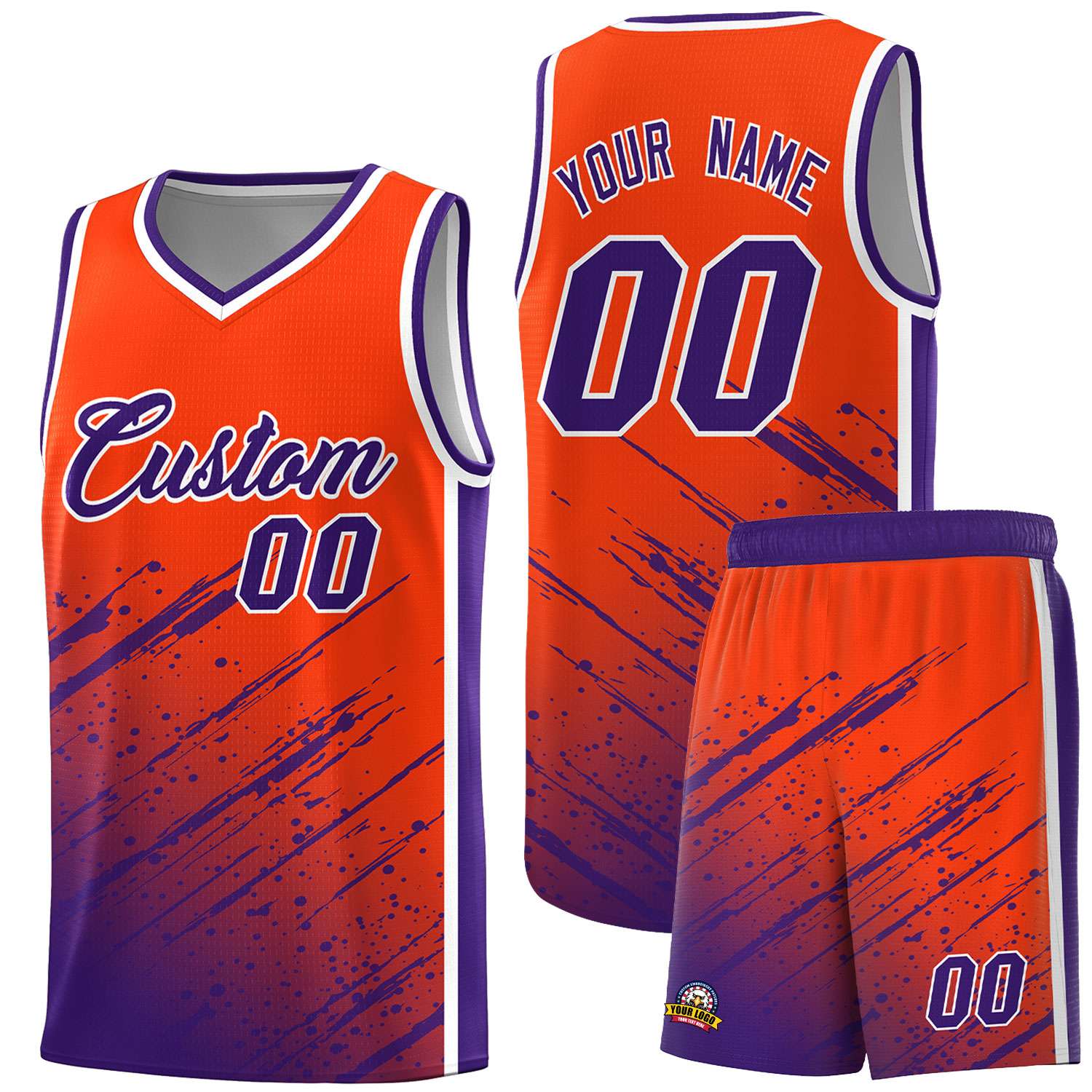 Custom Orange Basketball Kits With Purple Paint Graffiti