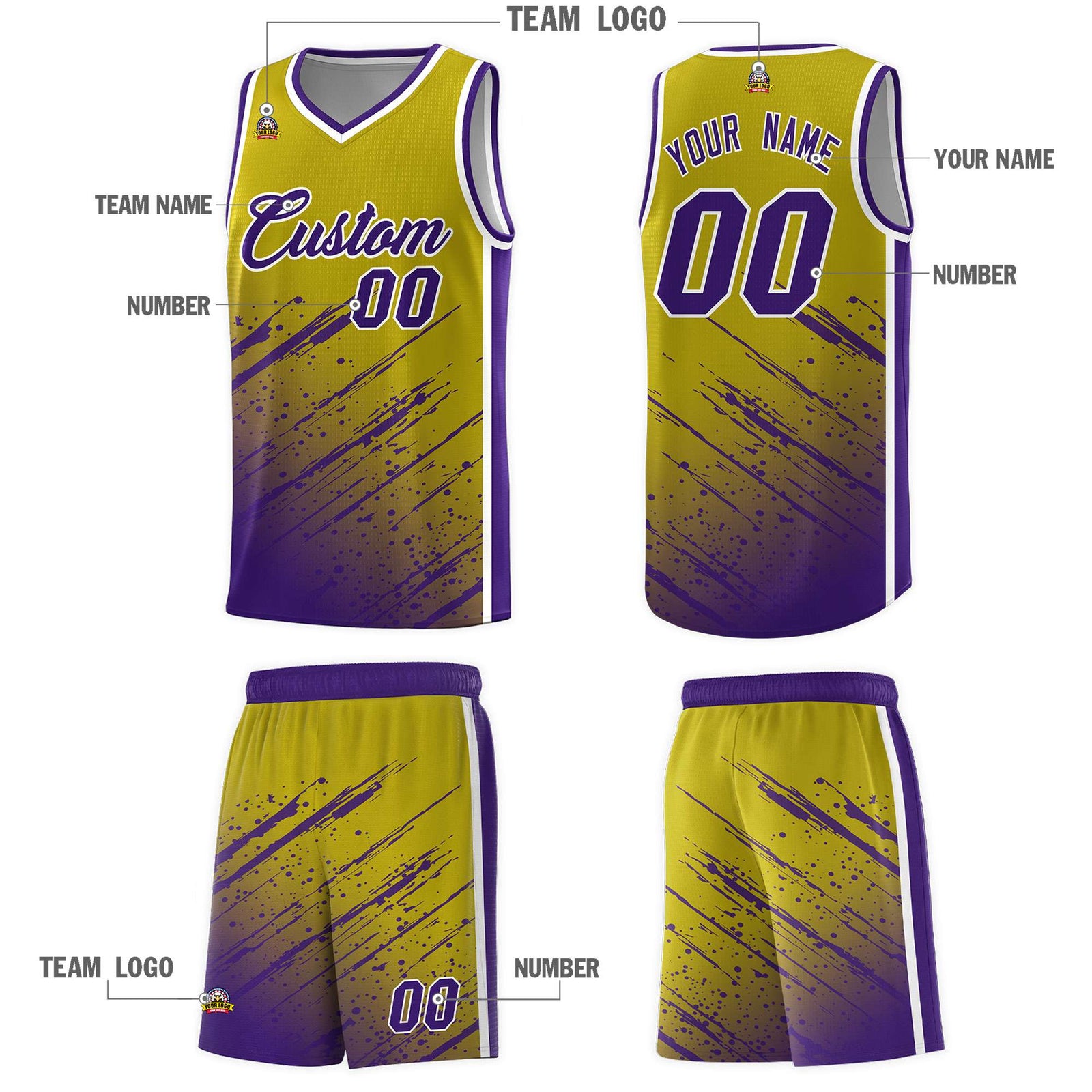 Custom Old Gold Basketball Kits With Purple Paint Graffiti